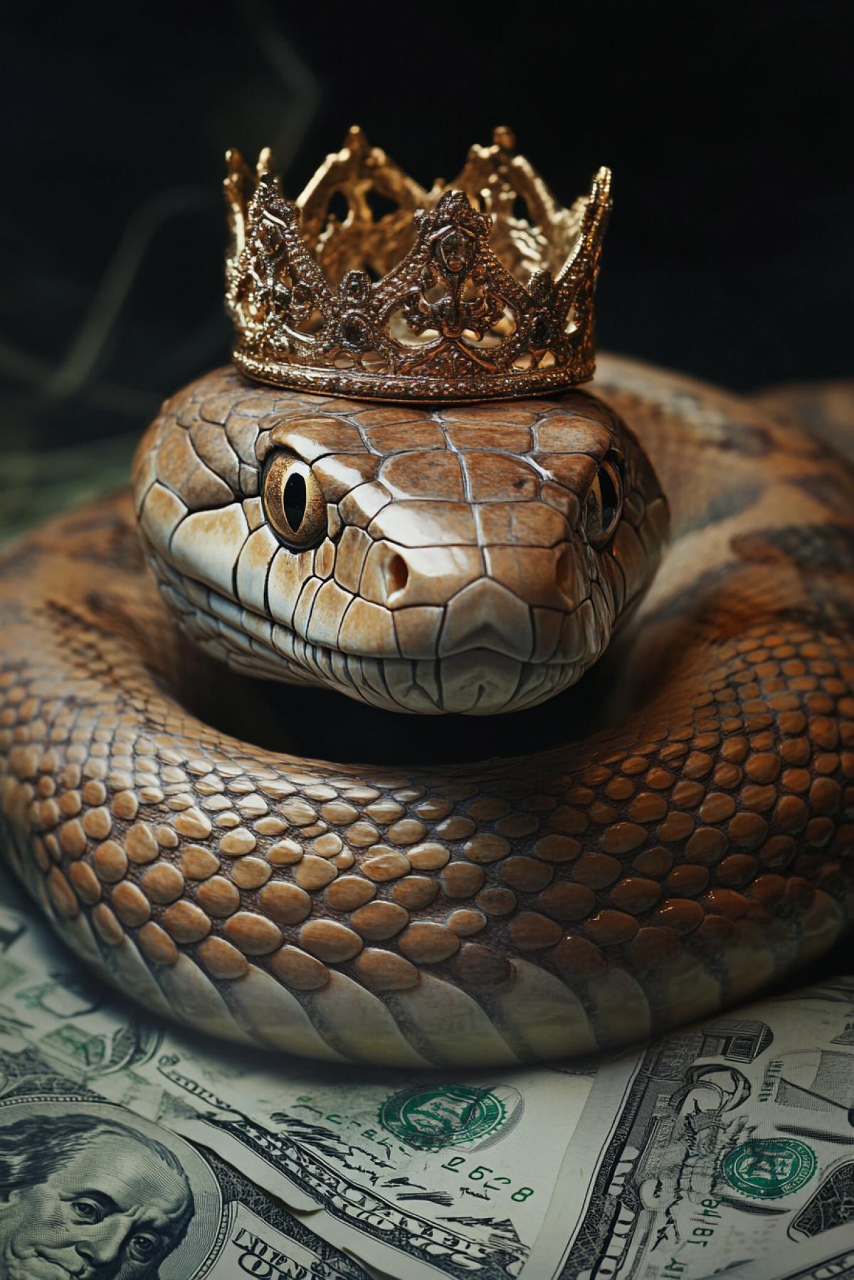 A snake with a crown on its head and a lot of money nearby