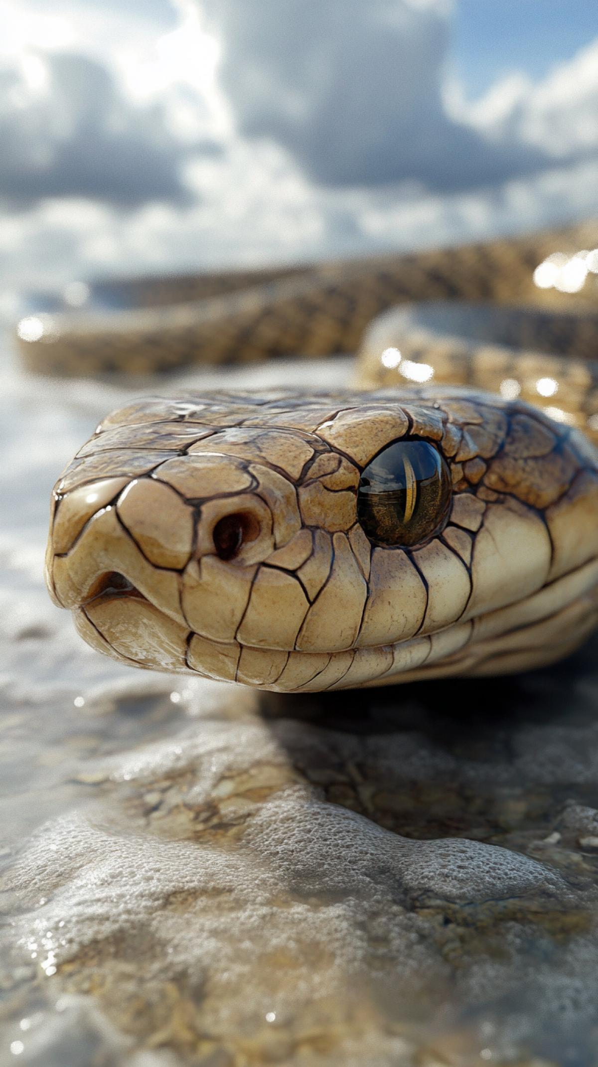 Photorealistic. Snake on the beach, close up