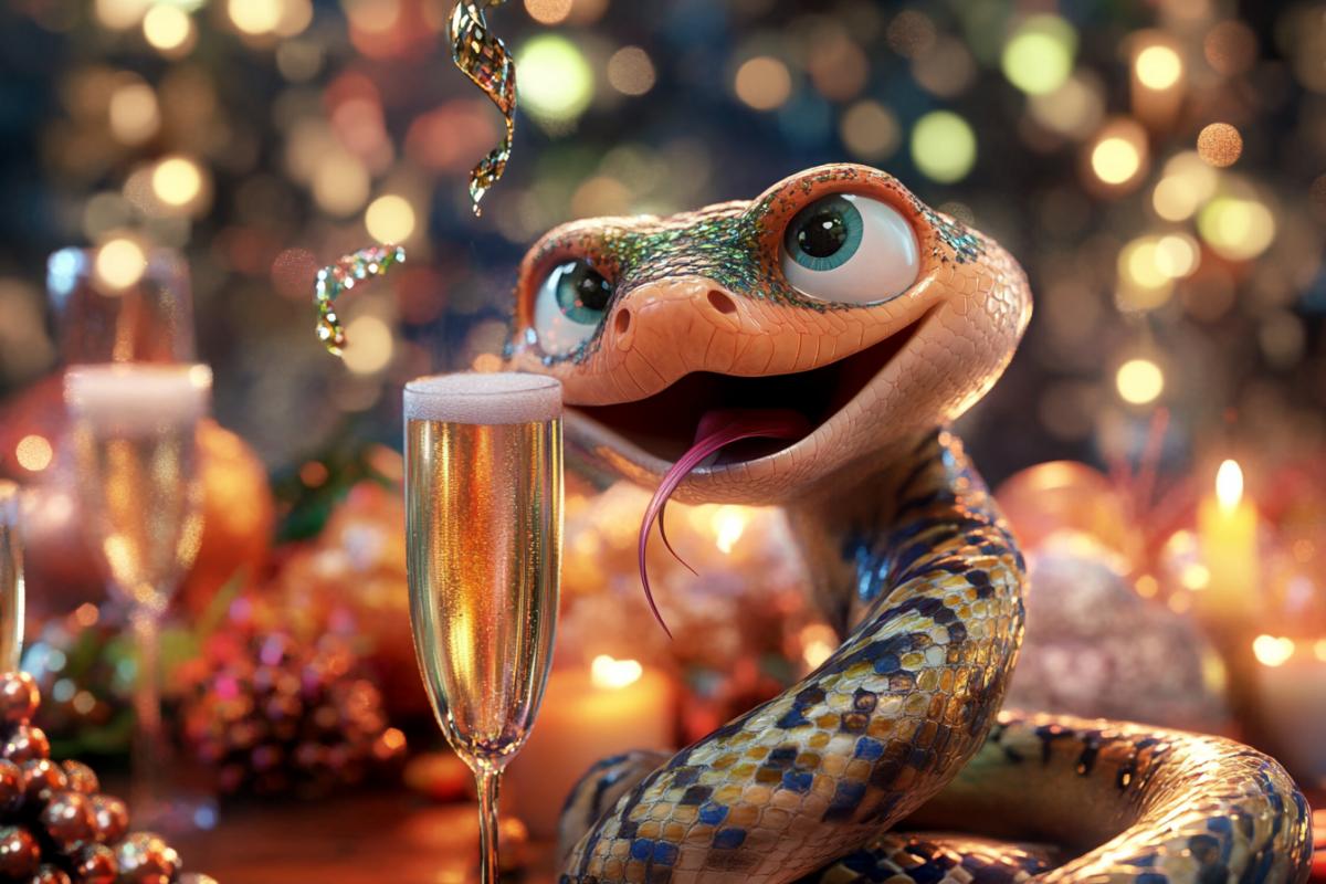 Caricature of a snake that ate too much Olivier and drank a lot of champagne on New Years Eve Pixar style