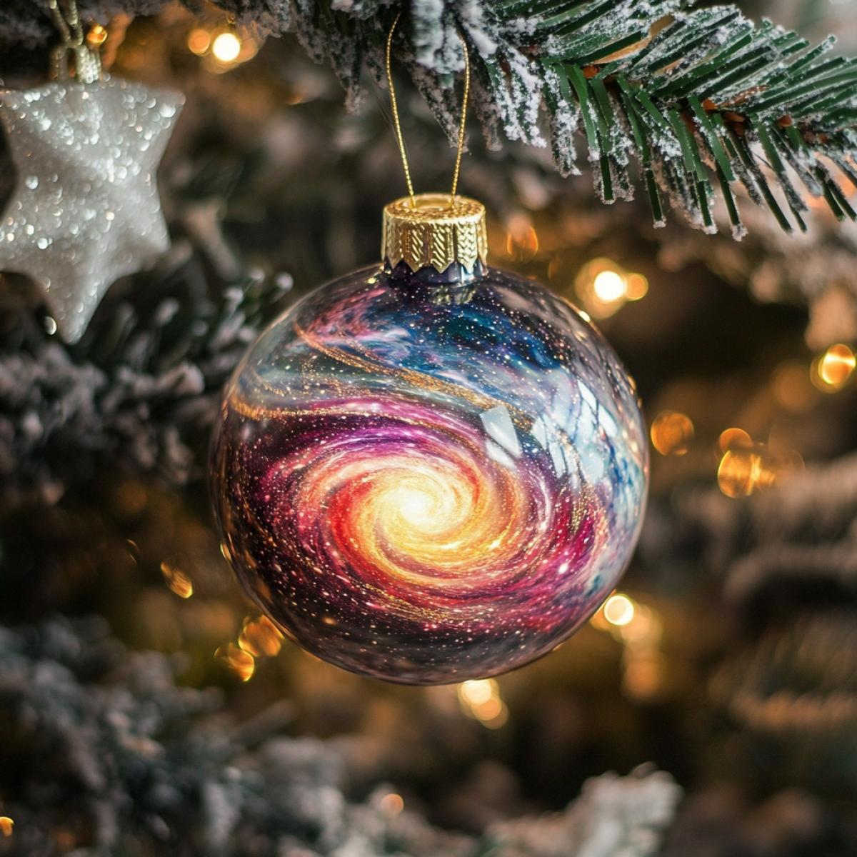 The universe is in a Christmas ball toy, hanging on a Christmas tree decorated with a garland