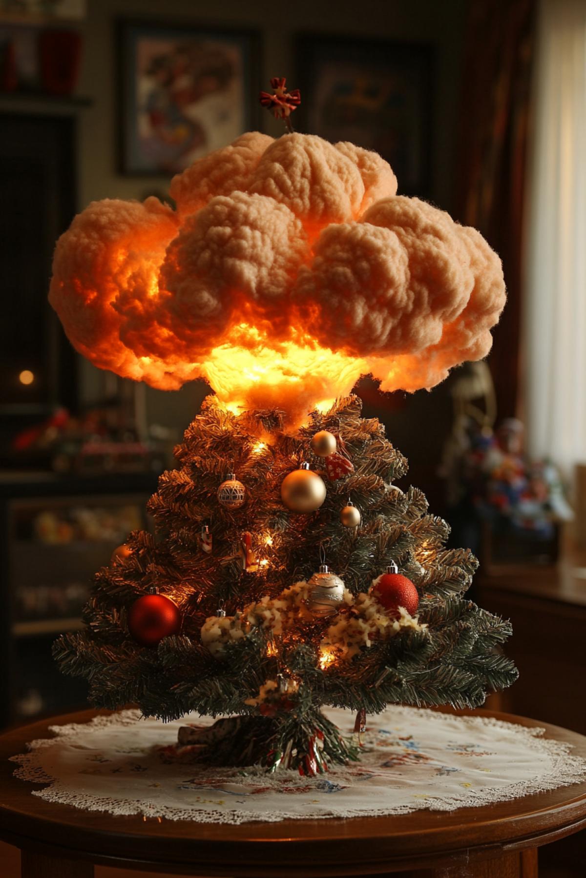 Christmas tree plaything in the form of a nuclear explosion, nuclear mushroom