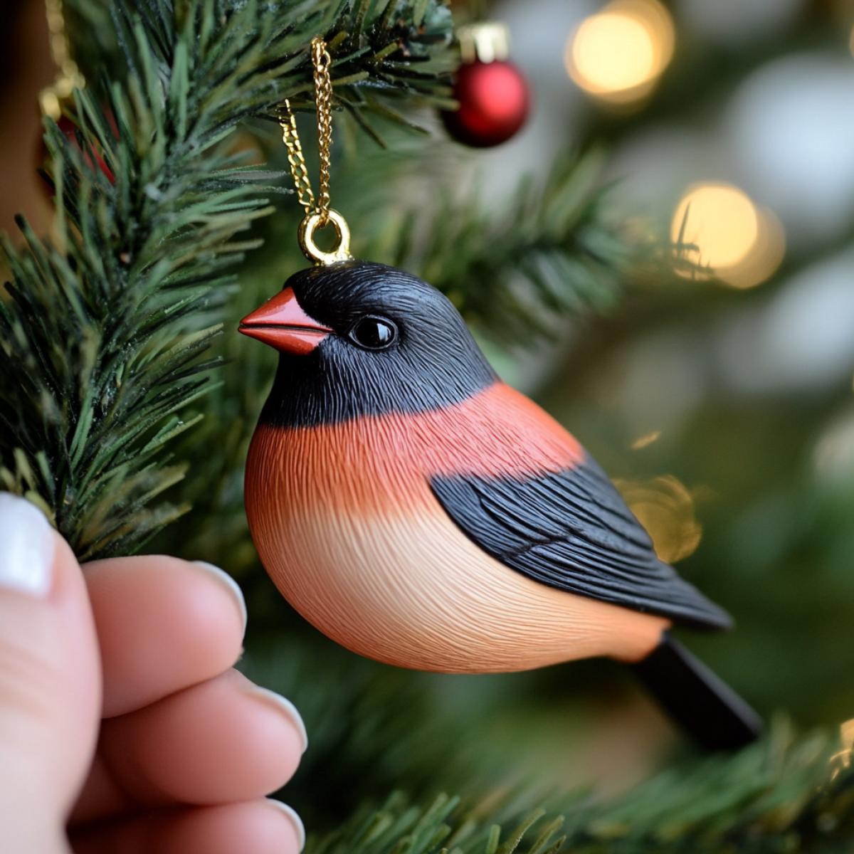 Christmas tree plaything on a pendant in the form of a beautiful and bright bullfinch