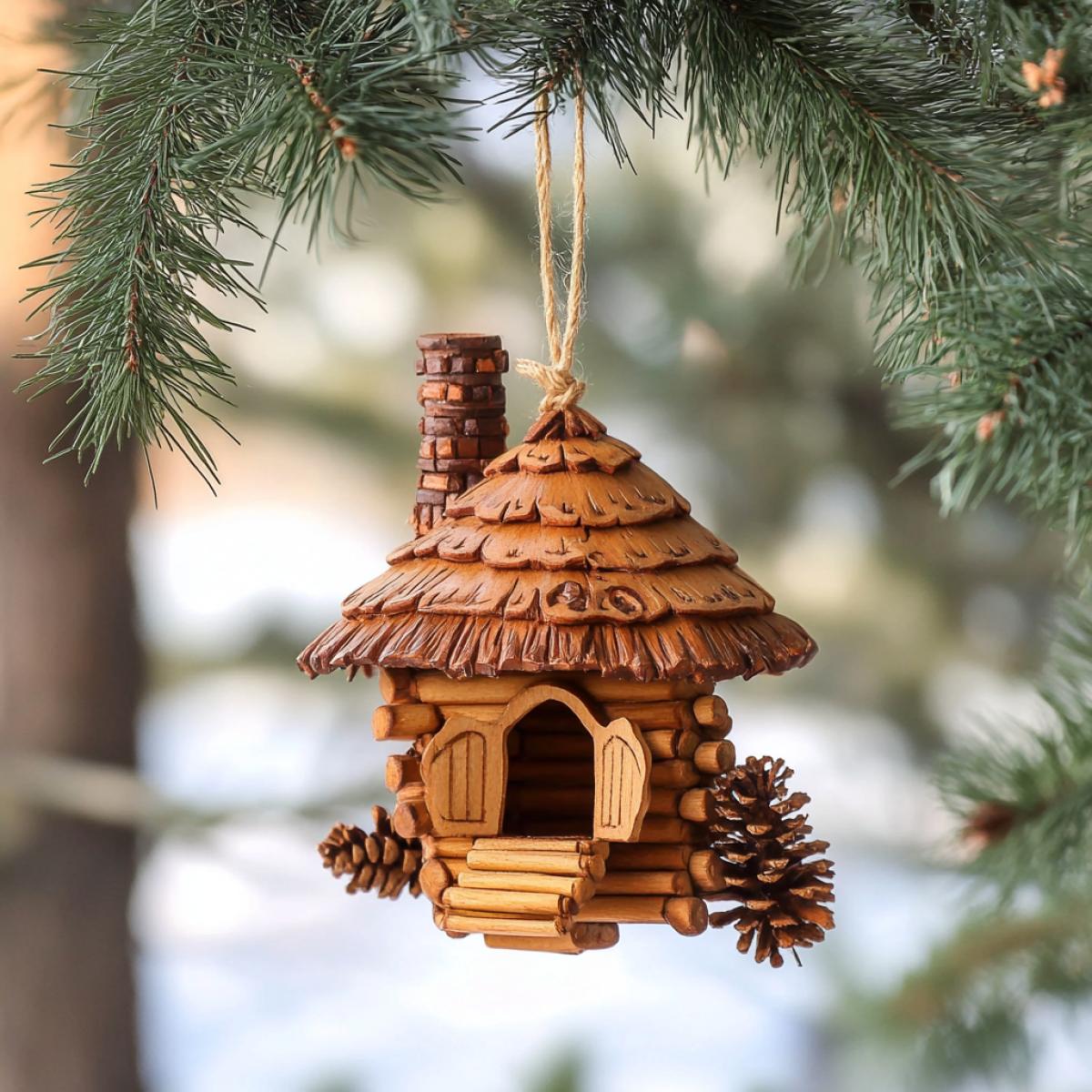 original New Years tree decoration Baba Yagas hut. hanging on a spruce branch