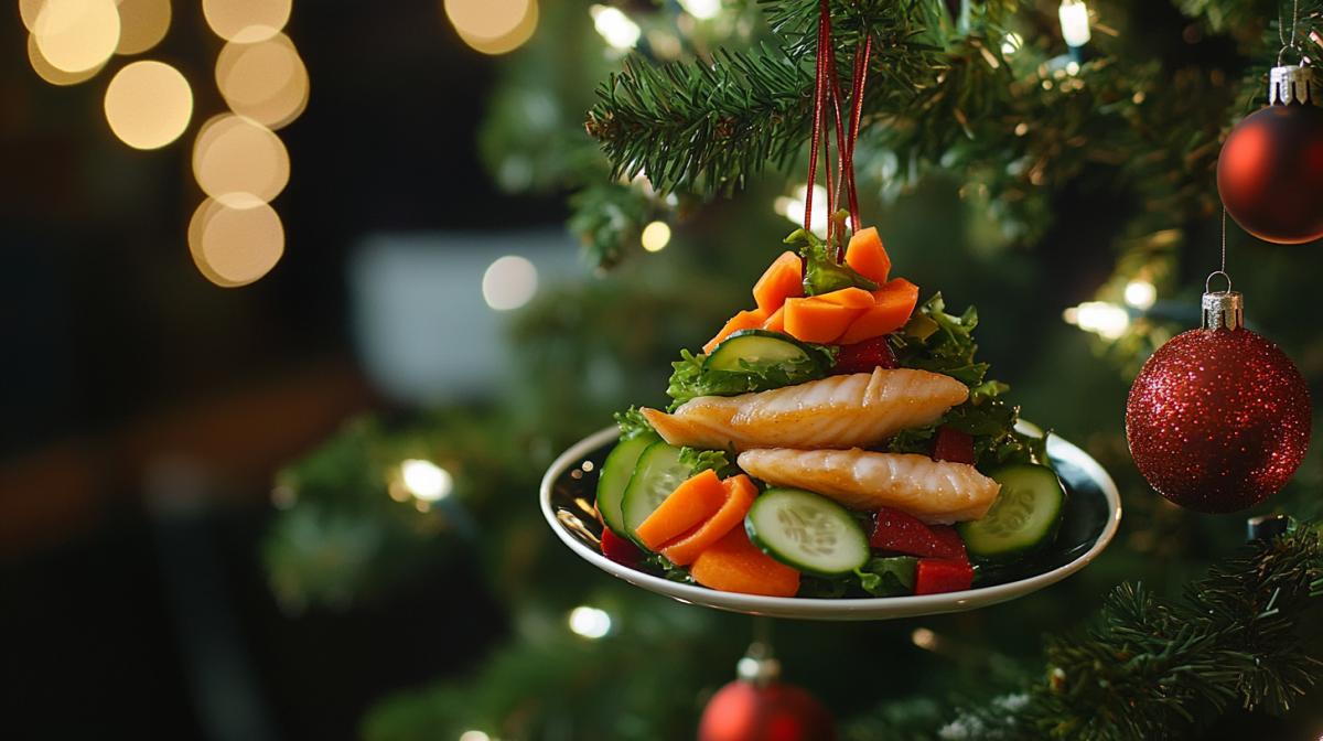 on the tree hangs a Christmas tree plaything in the form of a plate with a green salad of beets, carrots, cucumbers, fish, sauce