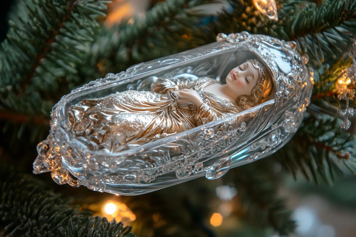 A glass Soviet New Years plaything in the form of a sleeping beauty sleeping in a crystal coffin hangs on a Christmas tree branch