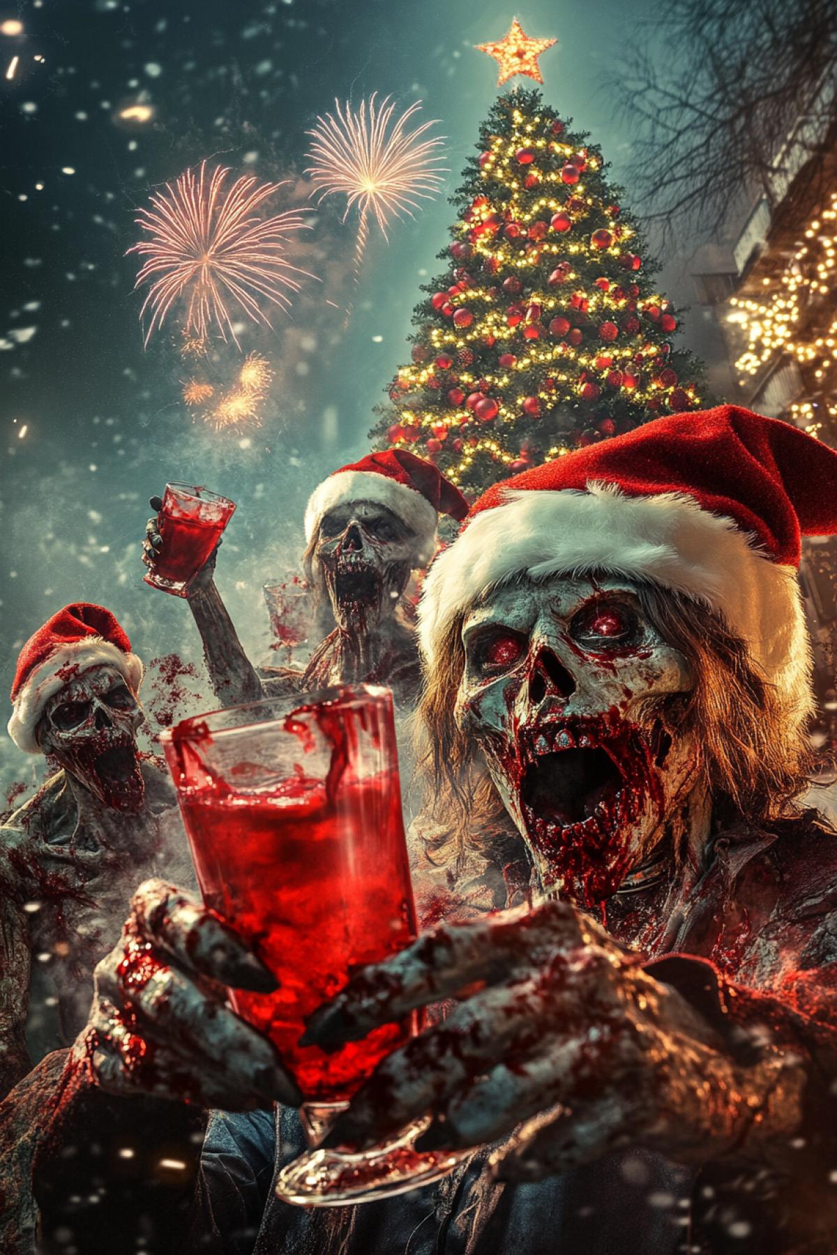 New Year with zombies in red caps, with a glass of red liquid in their hands. Against the background of fireworks, a decorated Christmas tree and zombie Santa Claus