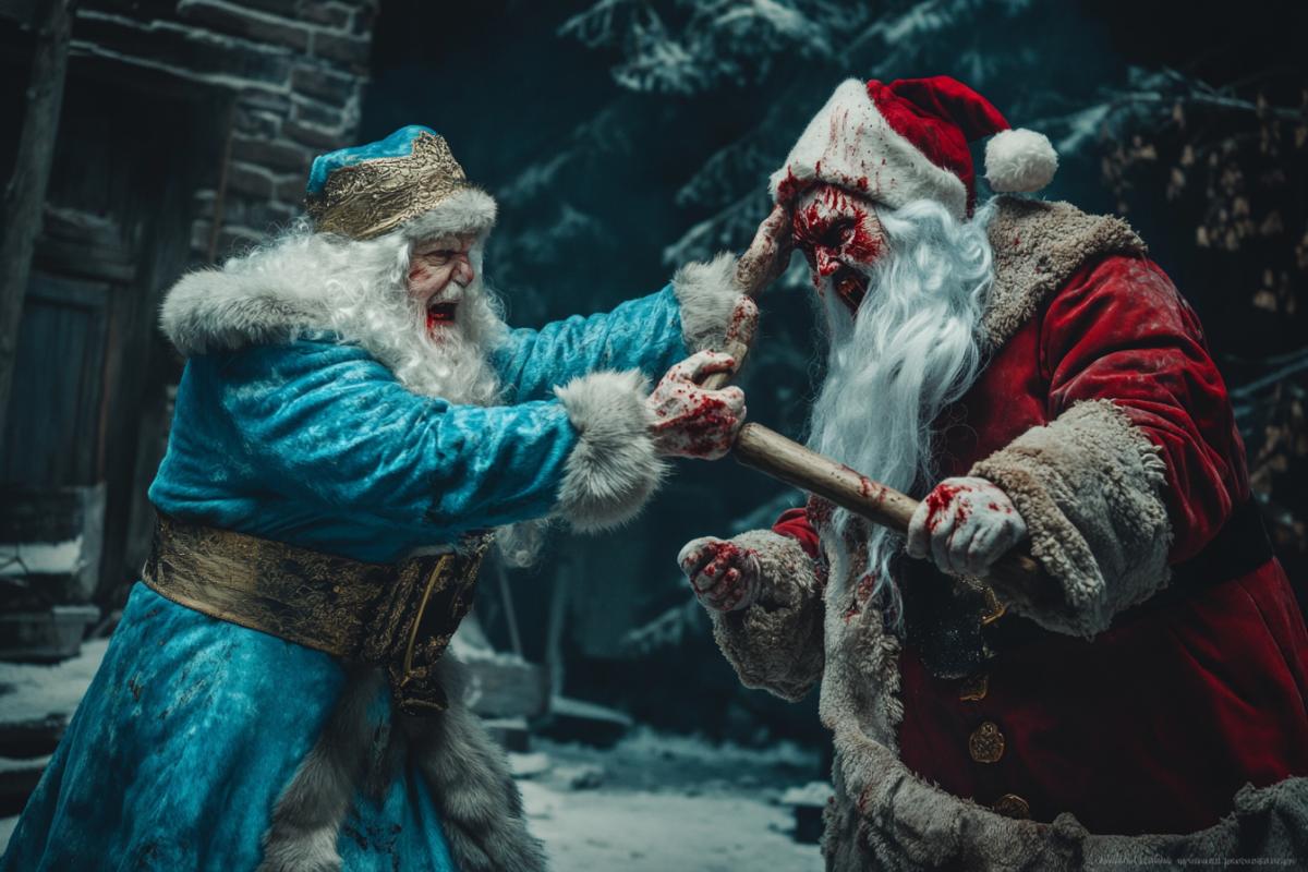 Russian Soviet Grandfather Frost in a blue long painted beautiful fur coat fights with an aspen stake against the vampire Santa Claus, zombie Santa Claus, dirty in clothes, fangs, red liquid horror style, New Year