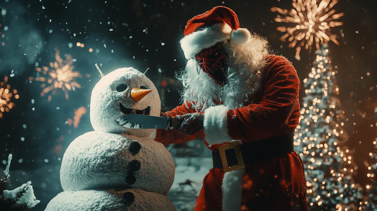 A monster with horns, ensanguined, in a Santa Claus costume with a knife, cut off the snowmans head. The snowmans head lies nearby. There are Christmas trees and fireworks in the background. Surreal
