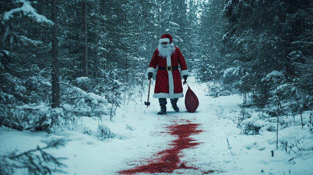 horror film, Santa Claus with an ax goes through the forest, drags a bag through the snow, there is a red liquid trail in the snow