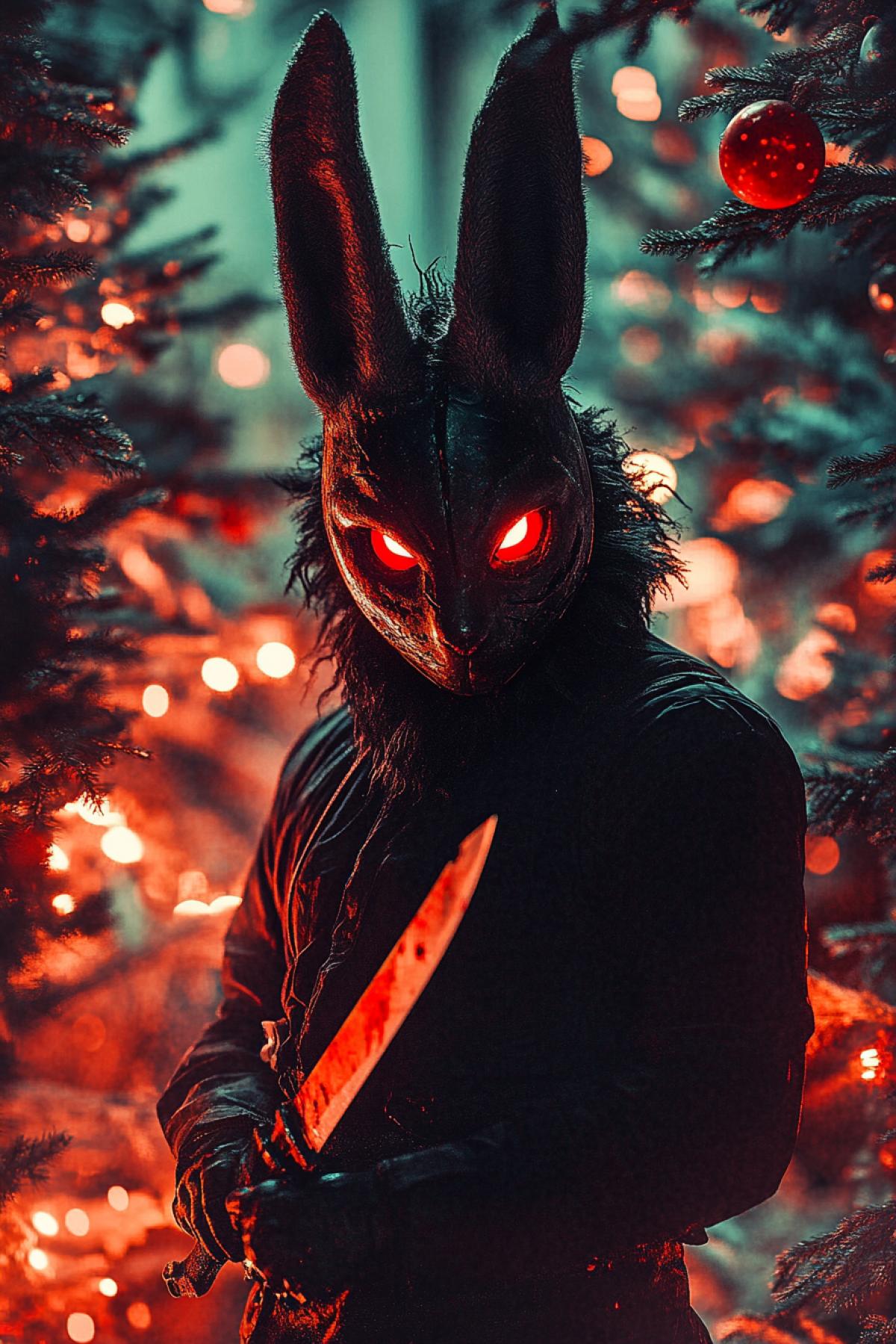 New Year, holiday, New Year tree, in a hare mask with red eyes and with a knife, red liquid, horror style, flickering, realistic image, photoshop