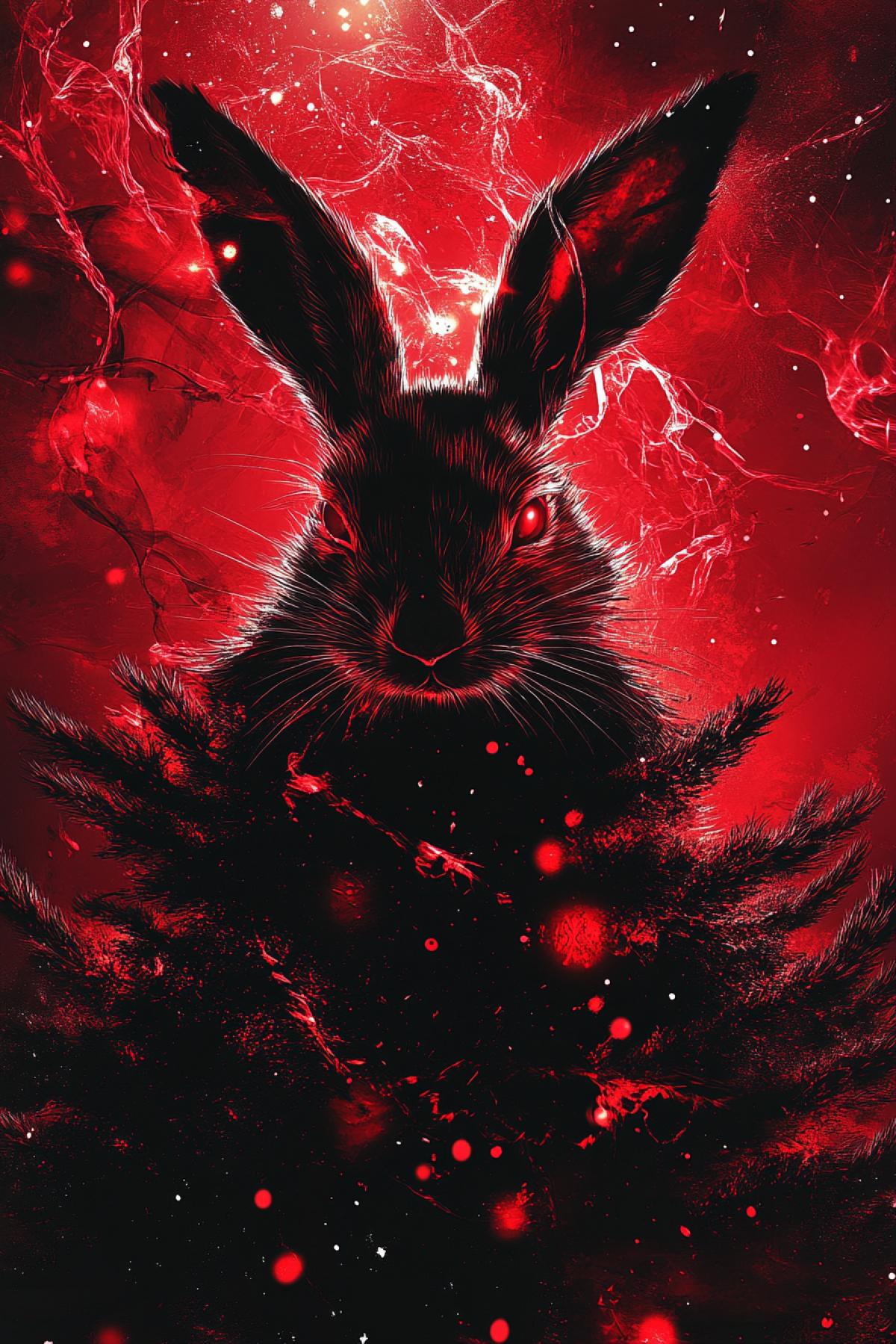 New Year, holiday, tree, hares, horror style, flickering, realistic image, photoshop. Christmas tree, red liquid