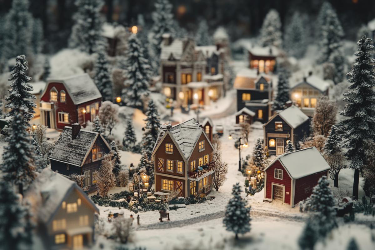 Cozy town in Fargo style, forests, greenery, miniature city, winter