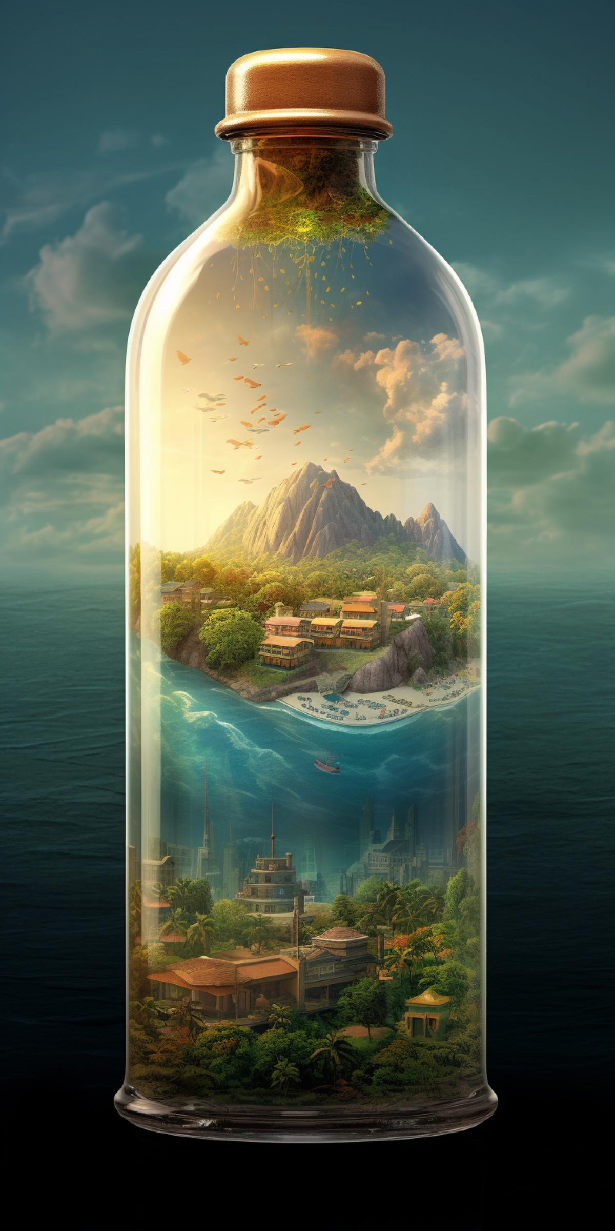 A large glass bottle containing a small city on an island, with a beach, palm trees and volcanoes in the middle