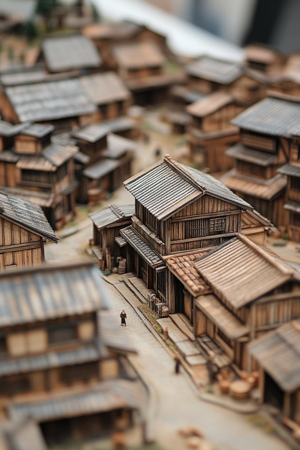 Village, wooden buildings, miniature, layout, future, clear details, flickering, photoshop