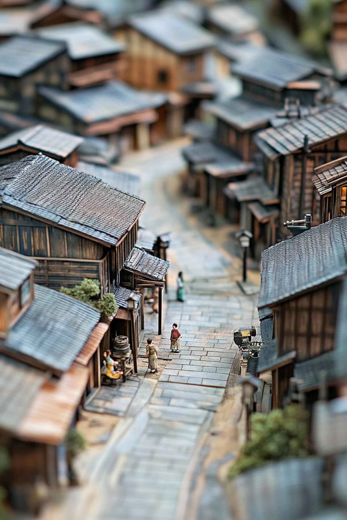 Village, wooden buildings, miniature, layout, future, clear details, flickering, photoshop
