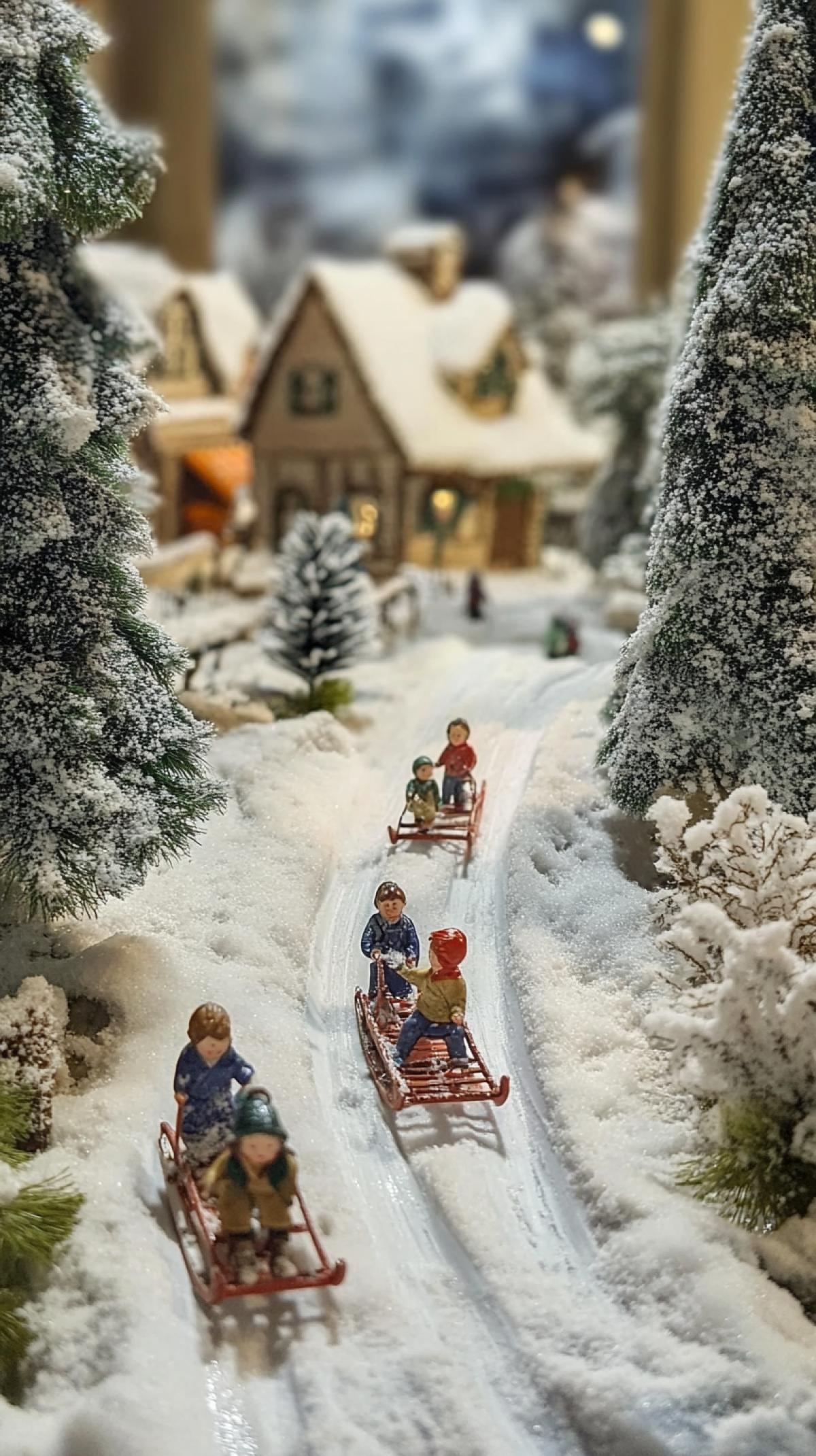 Miniature, layout, village, winter, children on sleds, New Year tree