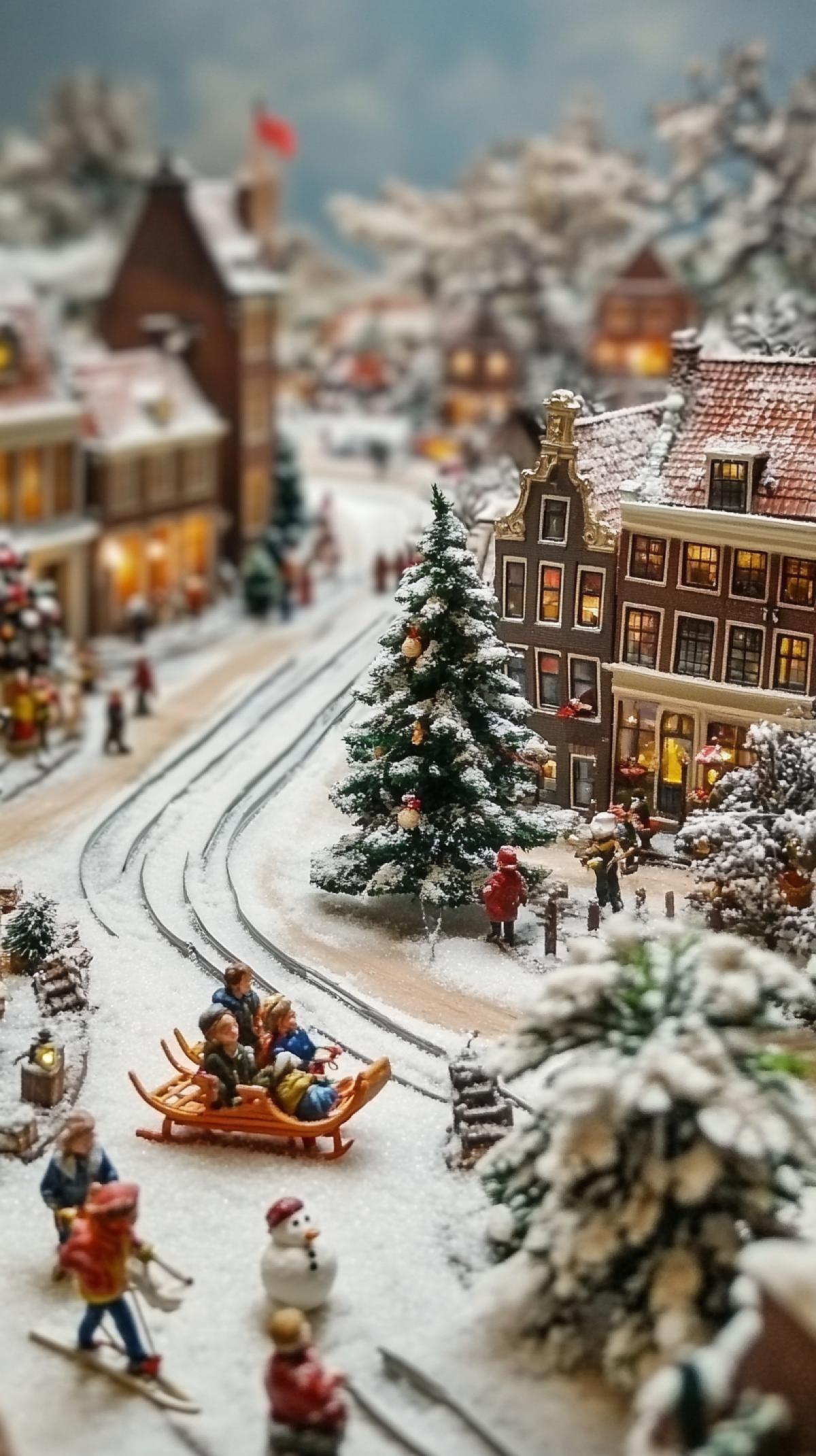 Miniature, layout on the table, Dutch village, winter, children on a sled, snowman, New Year tree on the square. A big looks at the miniature model from above
