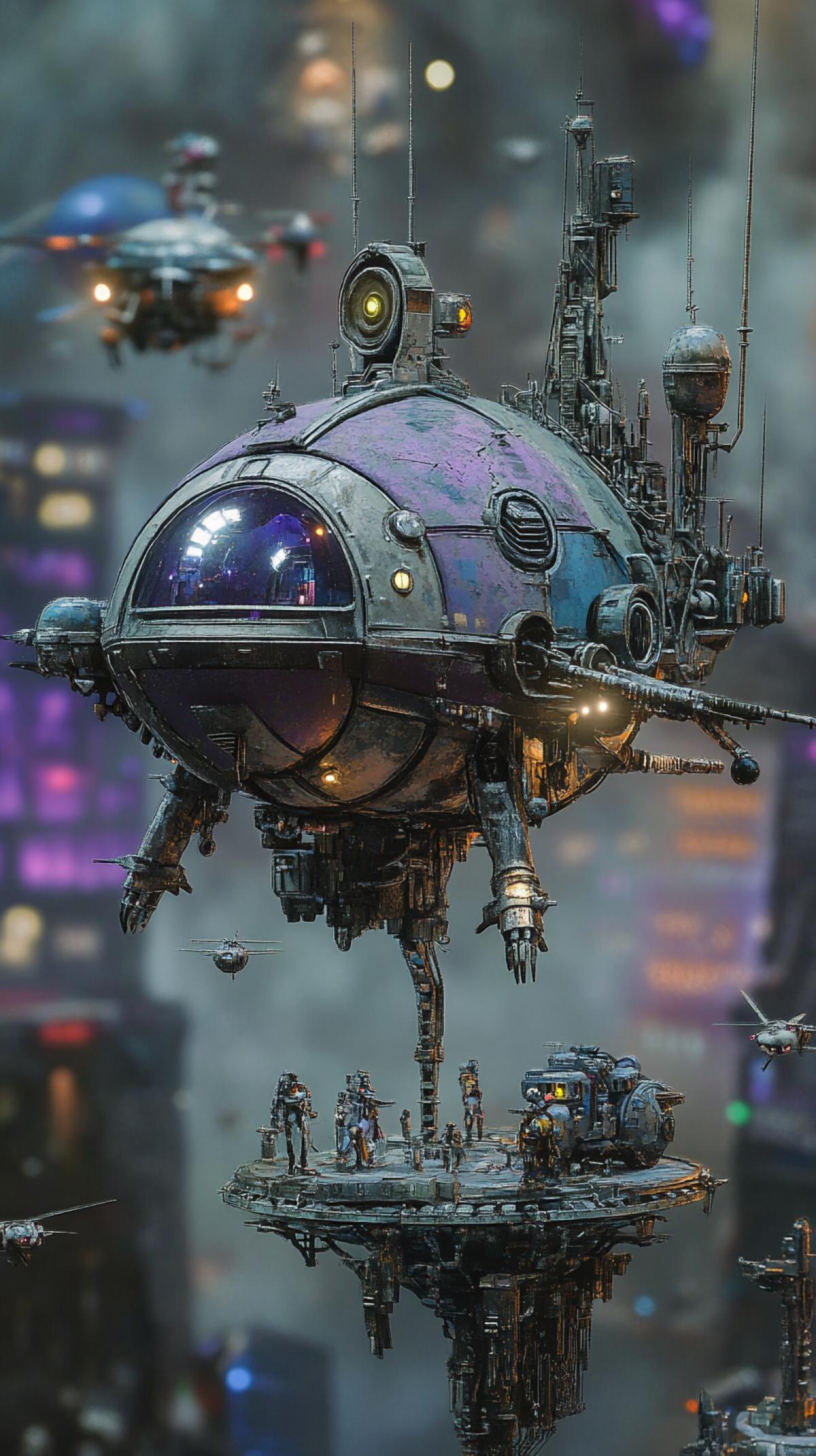Miniature, city of the future in space, flying cars, robots, people in fantasy costumes, science fiction, aliens, metal, purple and blue colors