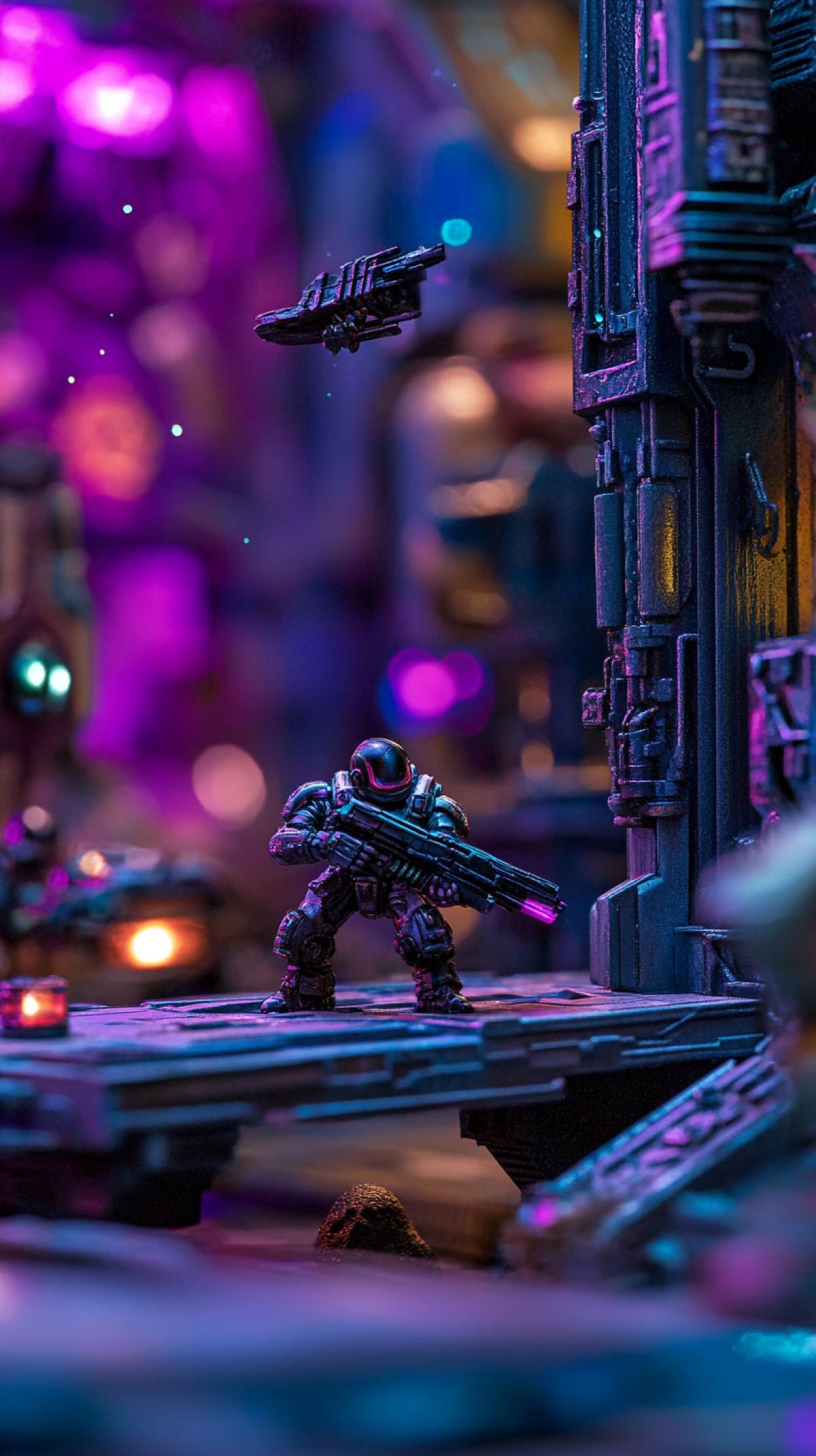 Miniature, city of the future in space, flying cars, robots, people in fantasy costumes, science fiction, aliens, metal, purple and blue colors