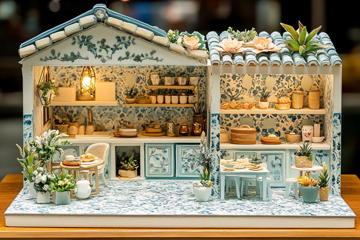 miniature of a residential apartment, consisting of several rooms, with furniture and interior items, in retro style