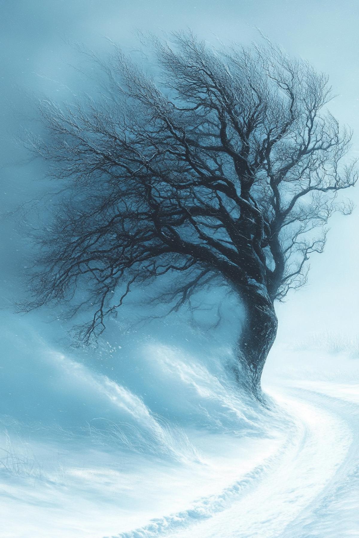 Very strong wind with snow. A blizzard. Snowflakes. Its beautiful.