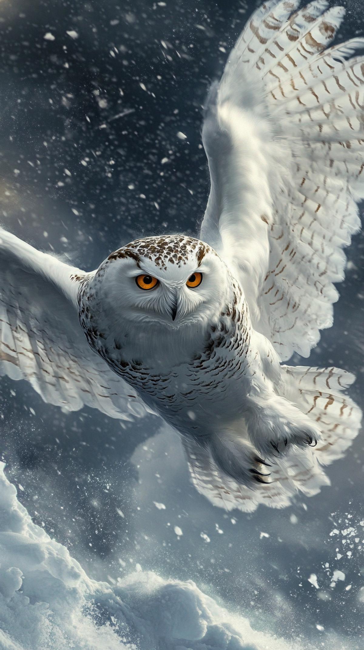 snowstorm and wind, polar white owl in flight