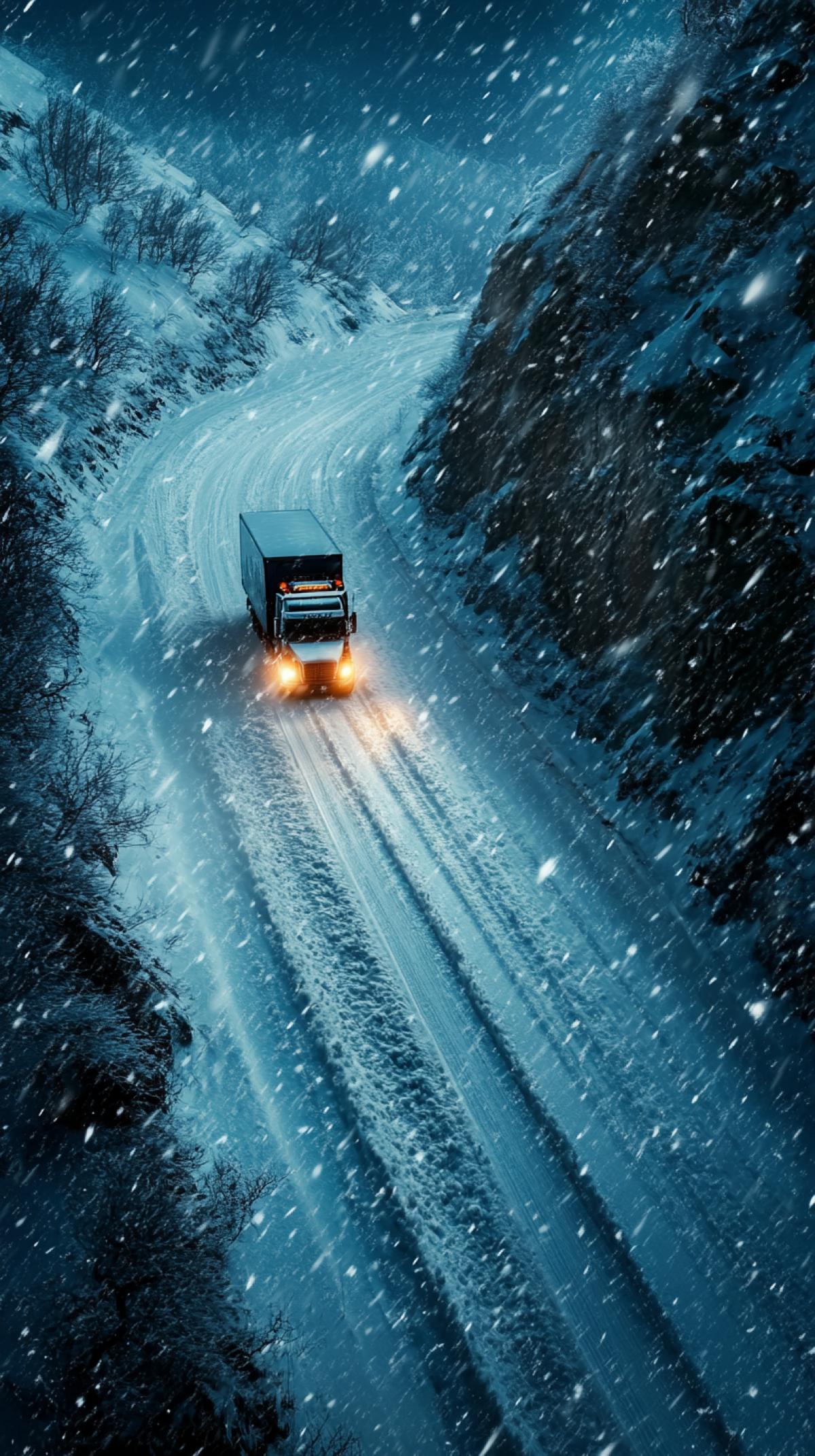 snowstorm and wind, blizzard, truck driving on a mountain road, top view, background, night shot