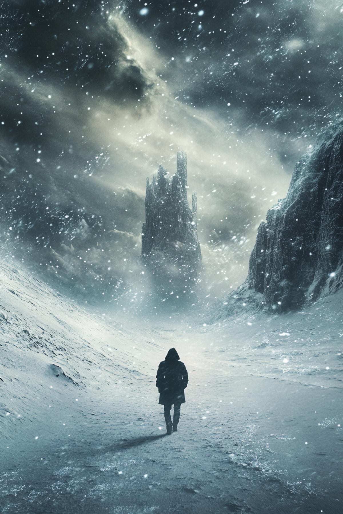 Snowstorm, wind, blizzard, future, universe, parallel world, Gothic style, flickering, realistic image, photoshop