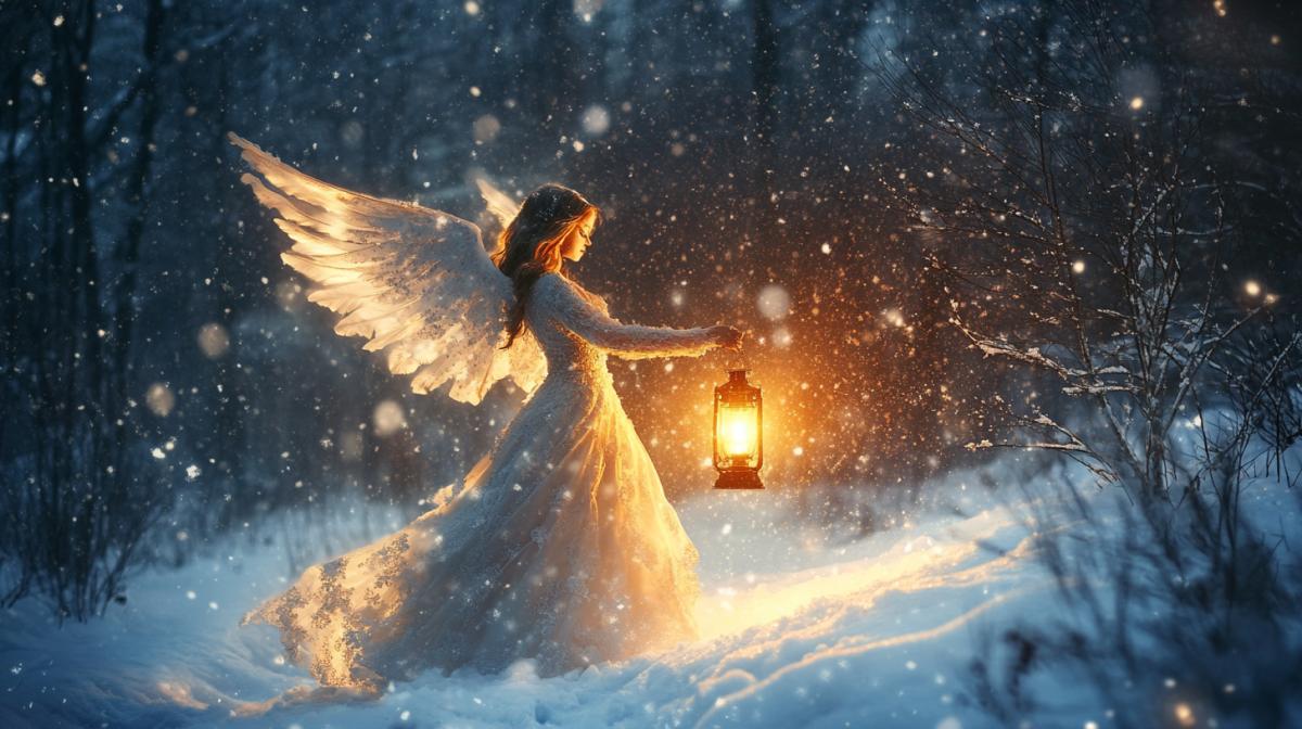 A magical picture, a snow-covered forest, a blizzard, wind, snowflakes, a beautiful angel in a dress is walking through the forest, with a lantern in his hand, there is fire in the lantern, there is a glow from the lantern. High quality