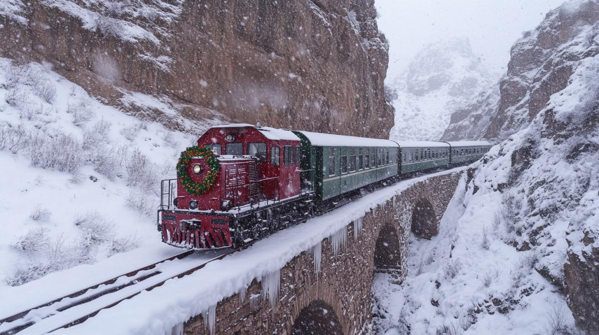 A strong snowstorm, a red green train, decorated with a garland, rides through a gorge on a narrow railway, the wind is blowing, there is snow all around, icicles High quality photo