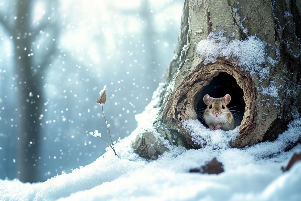 Its snowing, a blizzard, winter, in the forest, in the roots of a tree there is a hole, from which a cute mouse peeks out