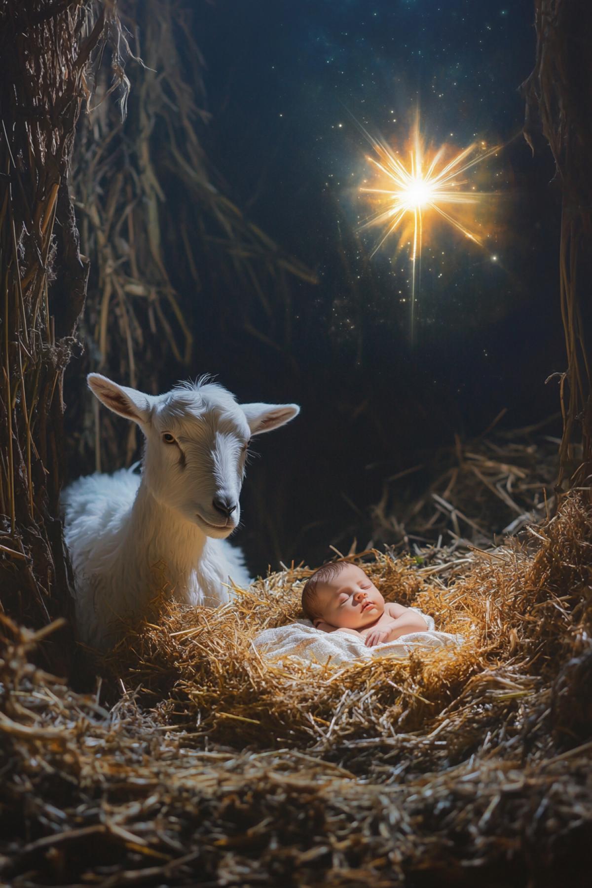 nativity of jesus christ. The baby lies in a cradle with hay, next to him is a white goat. Light from a bright star falls on the baby. Night