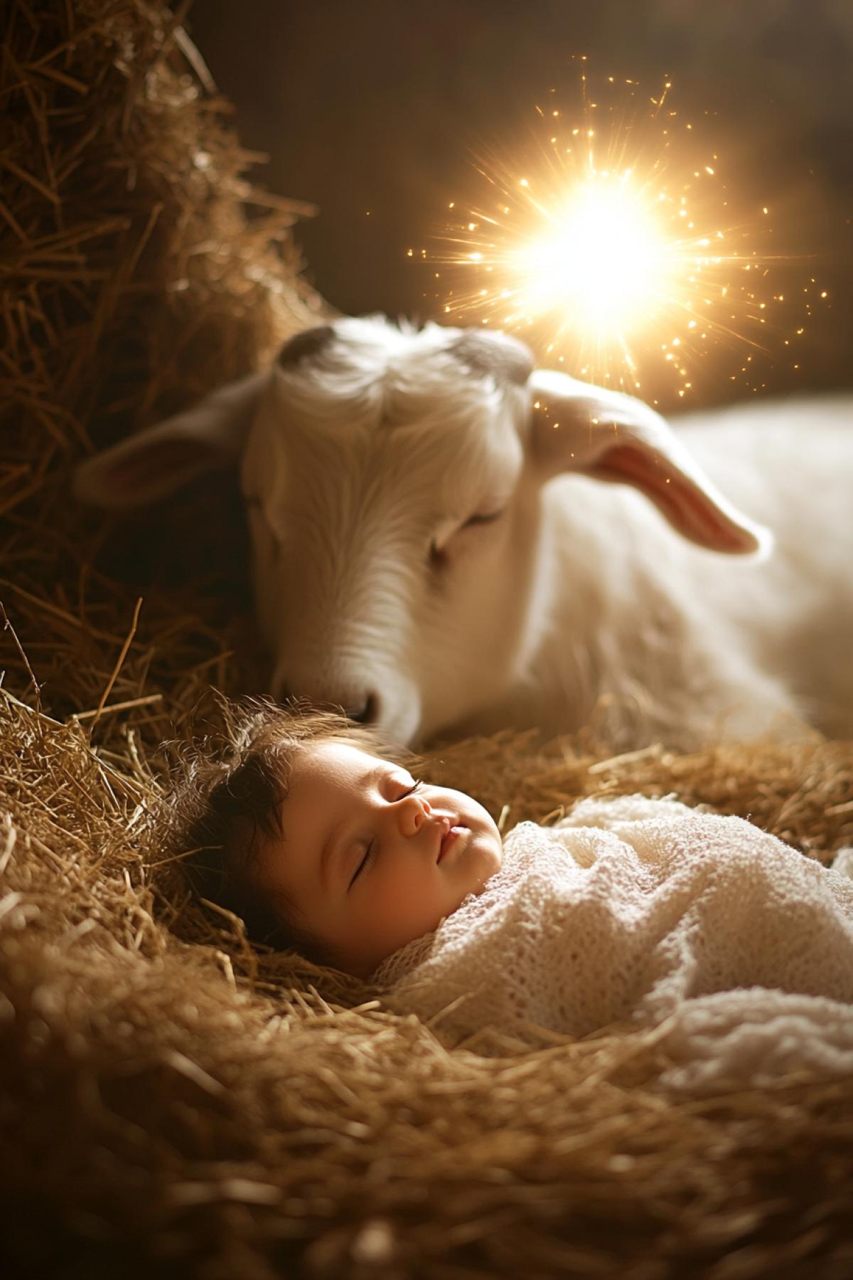 nativity of jesus christ. The baby lies in a cradle with hay, next to him is a white goat. Light from a bright star falls on the baby. Night