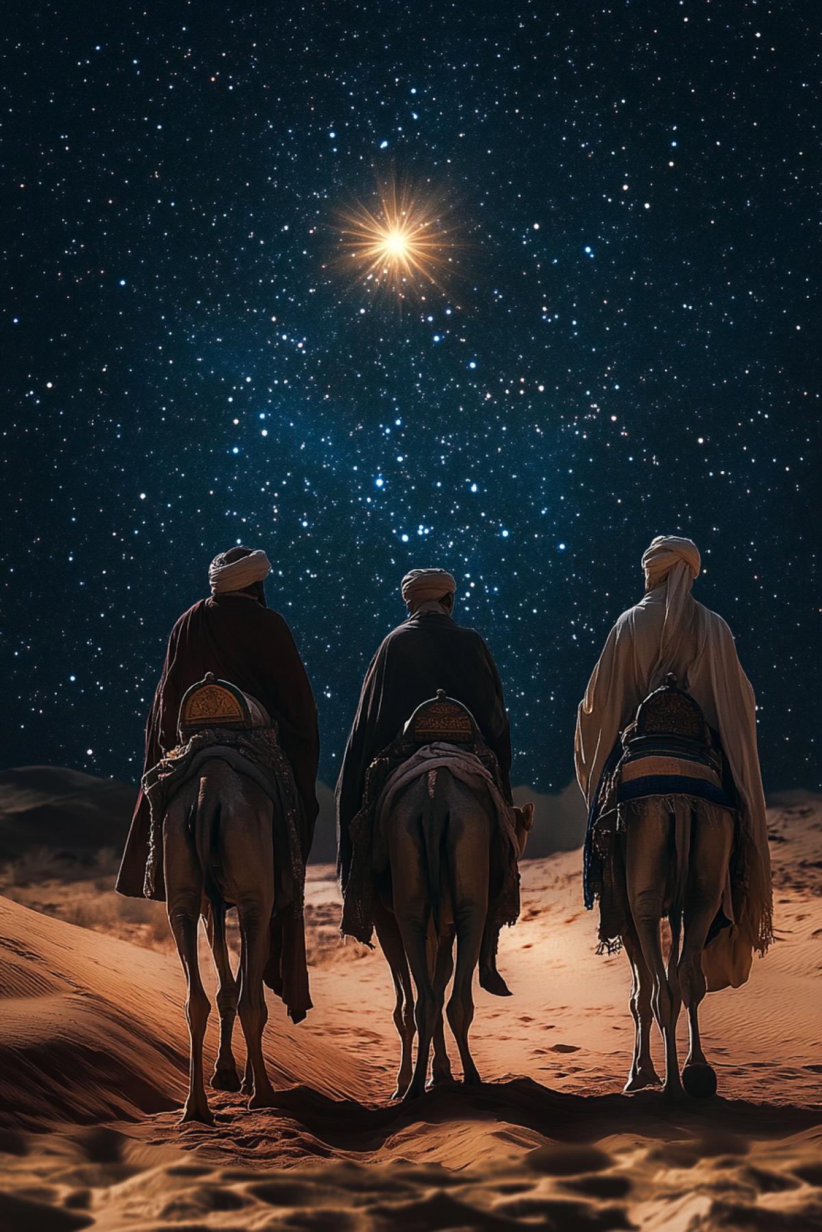 Three wise men following the bright star of Bethlehem, their figures in oriental robes, camels in the foreground, sandy desert, soft starlight, background the night sky, style is traditional religious painting, textures of fabric and sand are clear, atmosphere of mystery and hope, deep perspective , solemn mood, symbolism of wisdom and offerings.