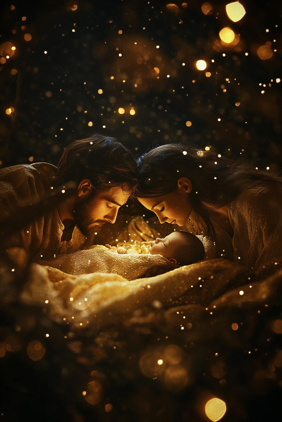 Holy family in a manger, baby Jesus in the manger, Mary and Joseph in prayer, soft glow from the baby illuminates the scene, dark background with twinkling stars, figures of shepherds in the background, realism style with elements of biblical symbolism, detailed fabric and wood textures, warm palette golden and brown tones, an atmosphere of reverence and peace.