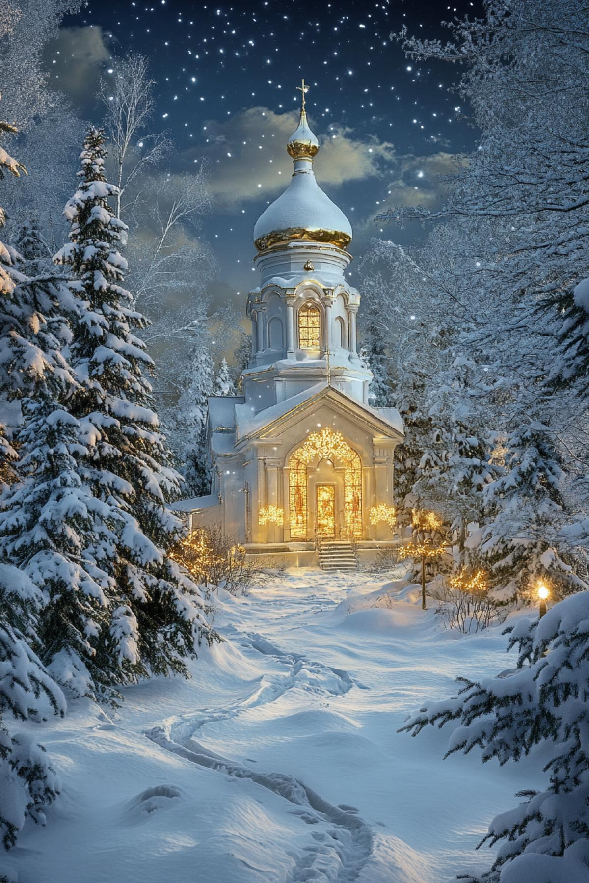 Snow-covered Russian village landscape, an old church with shining windows, fluffy fir trees around, decorated with lights, soft moonlight and warm glow from the church, realism style, white, gold and silver palette, detailed textures of snow and tree bark, atmosphere of peace, foreground footprints in the snow, starry sky background, central com4k.