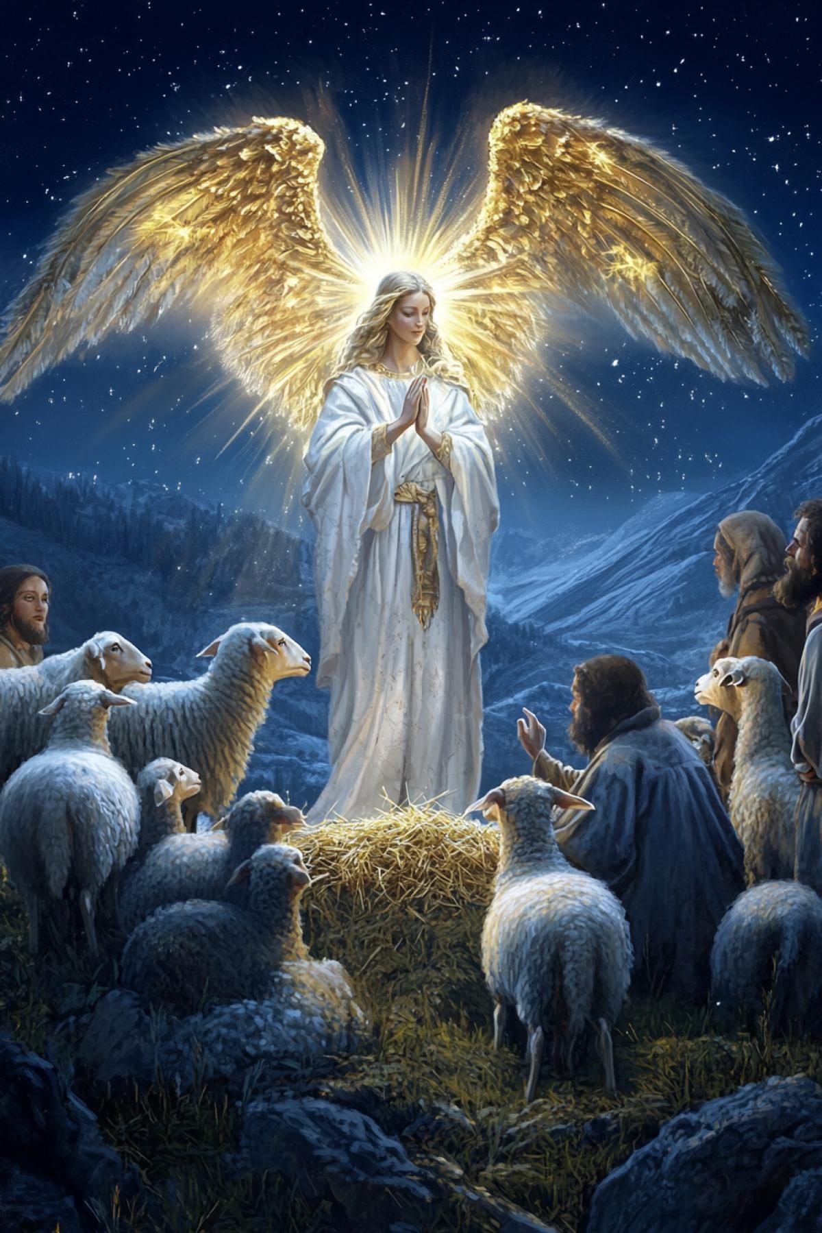 An angel announcing the birth of the Savior to the shepherds, the figure of an angel in white robes with golden wings, the shepherds look at him in surprise, sheep around, a night landscape, the radiance comes from the angel, the style of realism with elements of heavenly light, the textures of grass and wool are soft, the atmosphere of a miracle, starry sky background, dynamic com4k, emphasis on the divine message.
