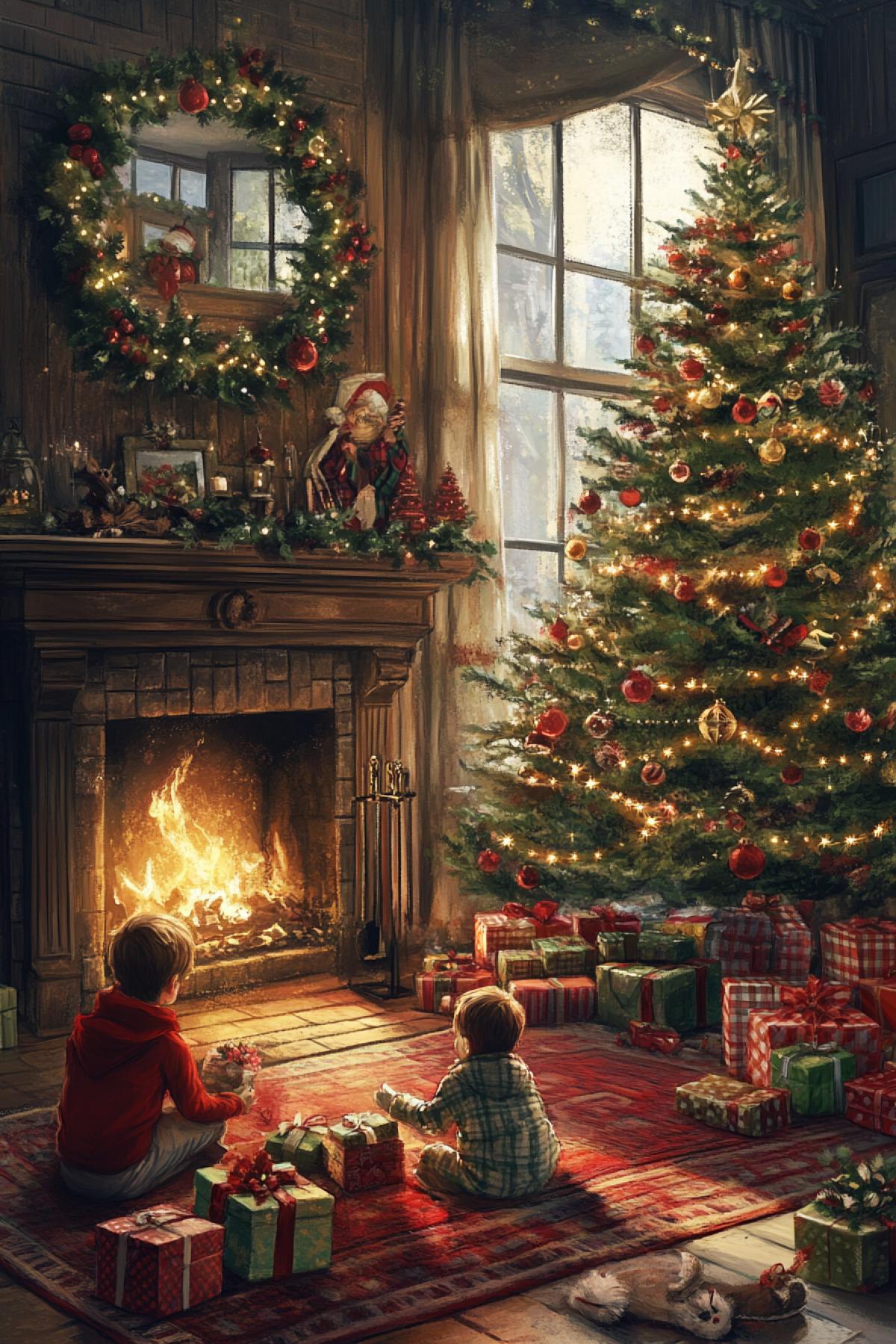 Christmas morning in a cozy home, the fireplace is burning, the decorated Christmas tree, children open gifts, parents are smiling, soft light from the window, warm textures of the carpet and plaid, illustrative realism style, green, red and gold palette, atmosphere of joy and family, emphasis on sincere emotions , the details of gifts and toys are thought out, the com4k is lively and warm-hearted.