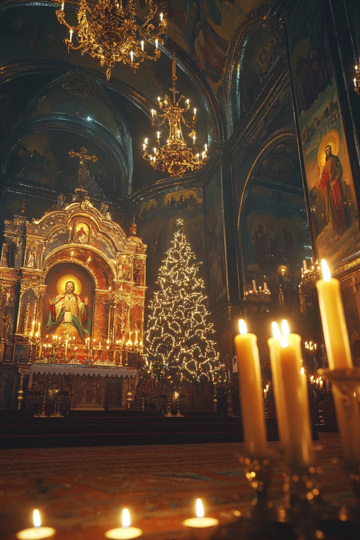 Christmas service in an old Russian church, warm candle lighting, parishioners in festive clothes, a decorated fir tree at the altar, frescoes with biblical scenes, realism style, golden and deep red palette, detailed stone and wood textures, an atmosphere of solemnity and peace, emphasis on candles and prayers, horizontal com4k.