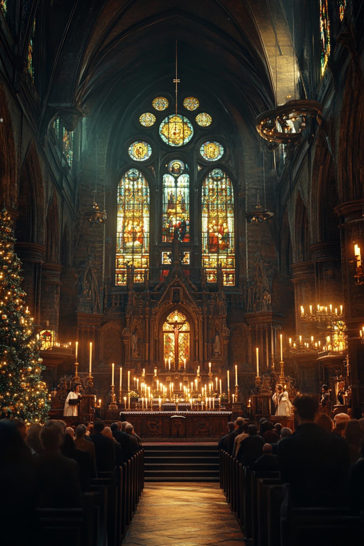 Christmas service in an old church, warm candle lighting, parishioners in festive clothes, decorated fir tree at the altar, stained glass windows with biblical scenes, organ music, realism style, golden and deep red palette, detailed stone and wood textures, atmosphere of solemnity and peace, emphasis on candles and prayers, horizontal com4k.