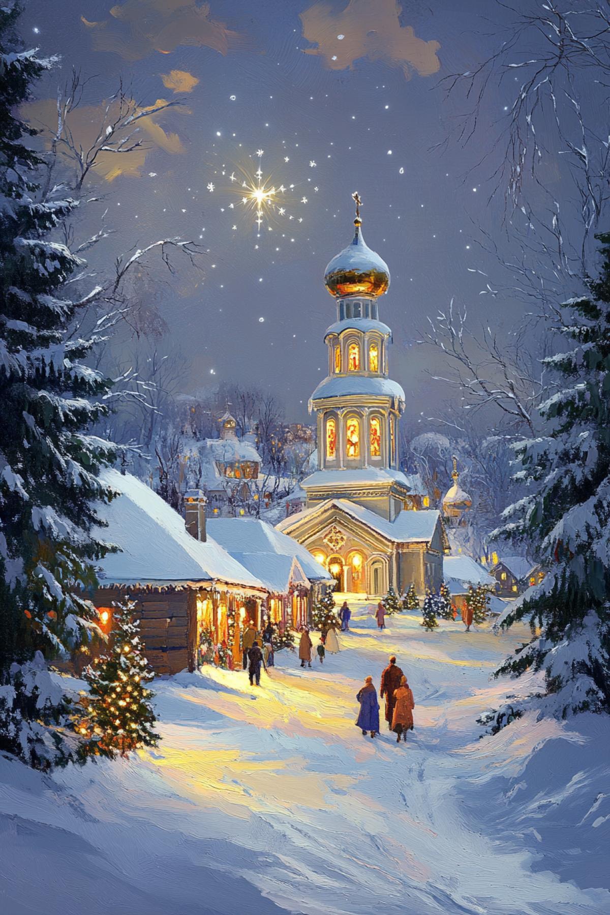 A snow-covered Russian village on Christmas night, in the center there is a tall Orthodox church with shining windows, soft candlelight breaks through. All around are spruce trees decorated with garlands, snow-covered roofs of houses and warm light from the windows. On the street, people are walking towards the church, dressed in warm winter clothes, holding candles. The night sky is strewn with stars, and the Star of Bethlehem shines brightly on the horizon. The atmosphere of silence, holiness and triumph, the palette is golden, blue and white, with soft transitions of light and shadow.