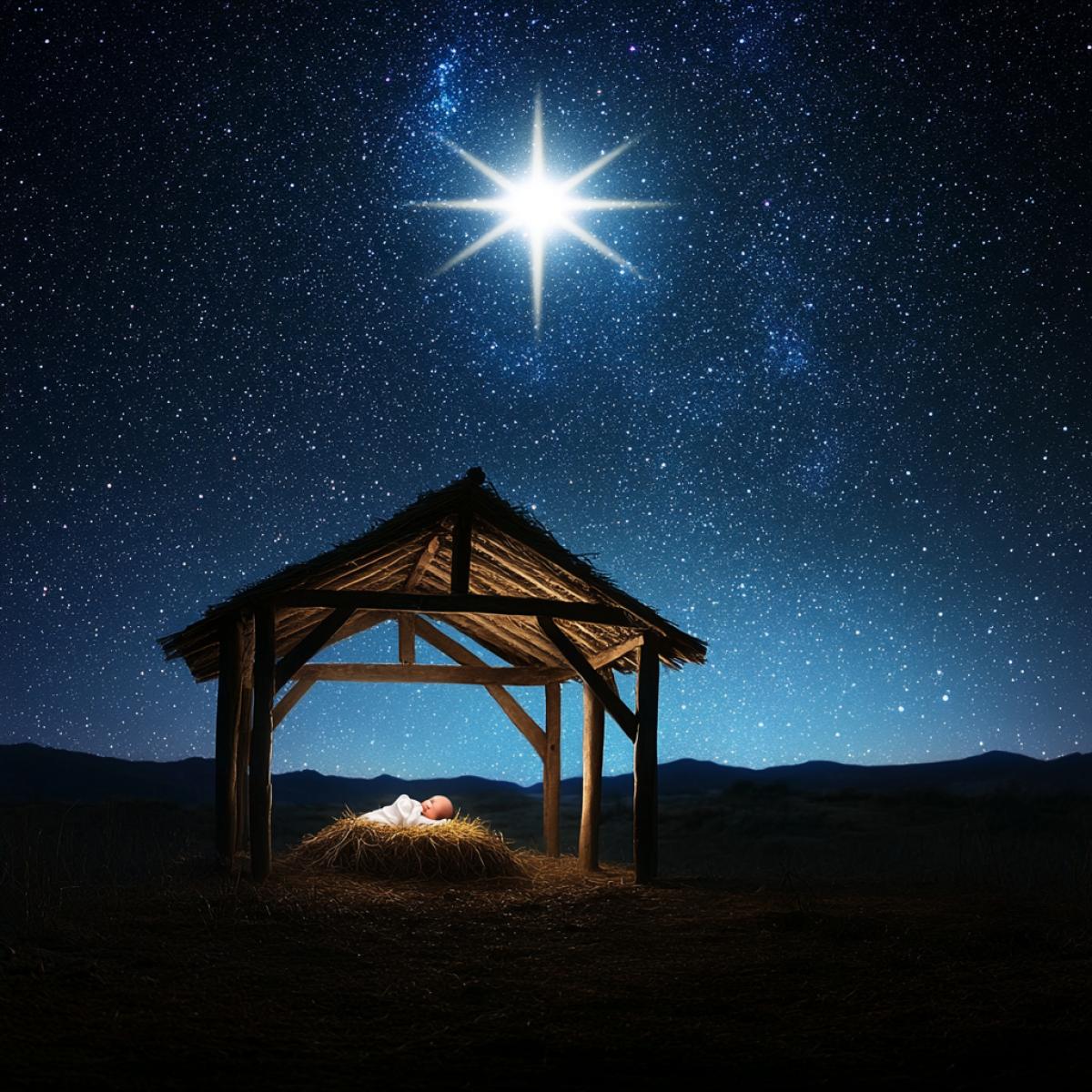 Bethlehem, in a stable there lies a small baby in a manger, the birth of Jesus, next to mother Mary and Joseph. And the wise men brought gifts. night, night sky. a bright star is burning