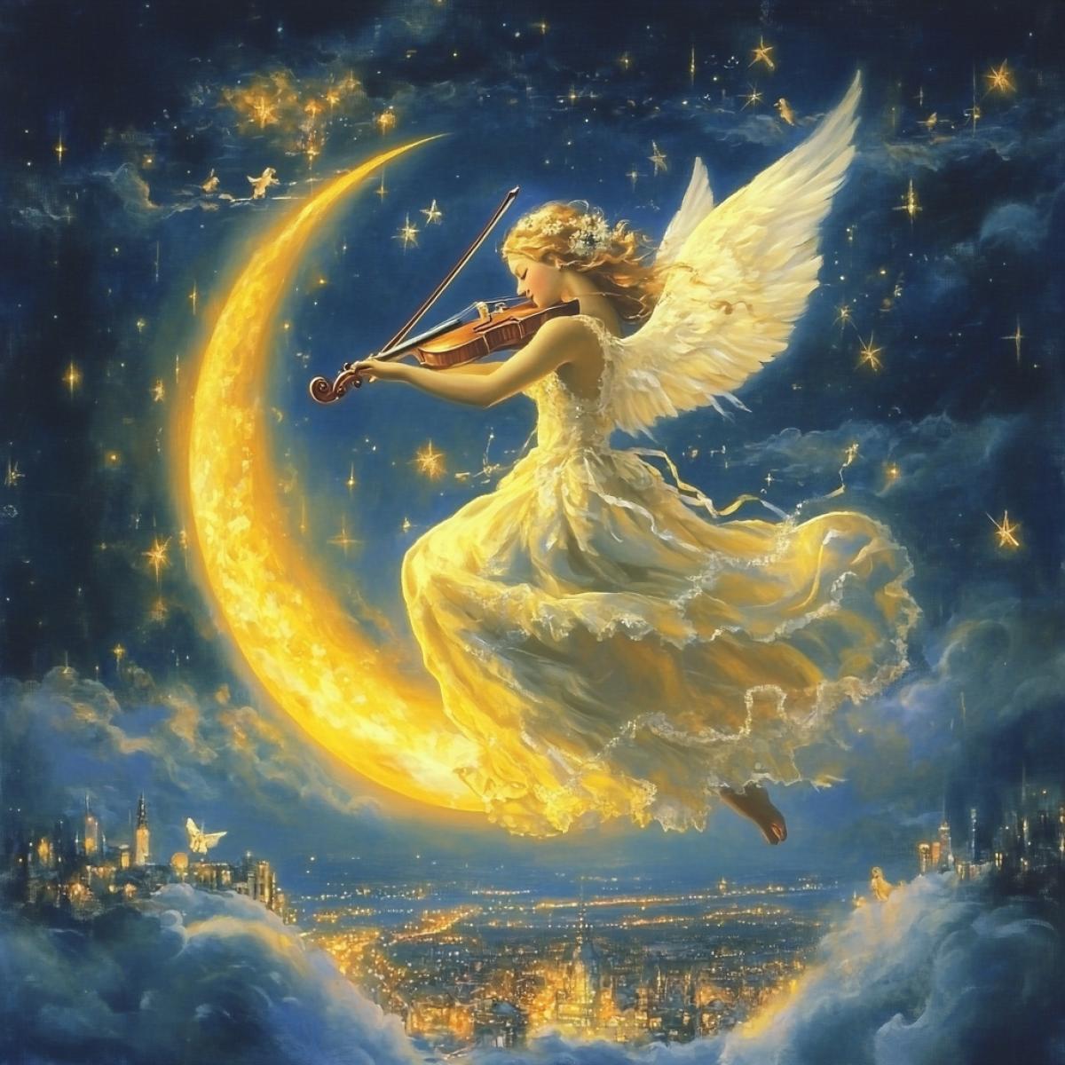 Starry Night;. On a big yellow crescent . A beautiful angel with white wings plays the violin;. Below is a night city, angels are flying. and beautiful clouds;. Lights, sparkling stars and snowflakes;. ultra hd