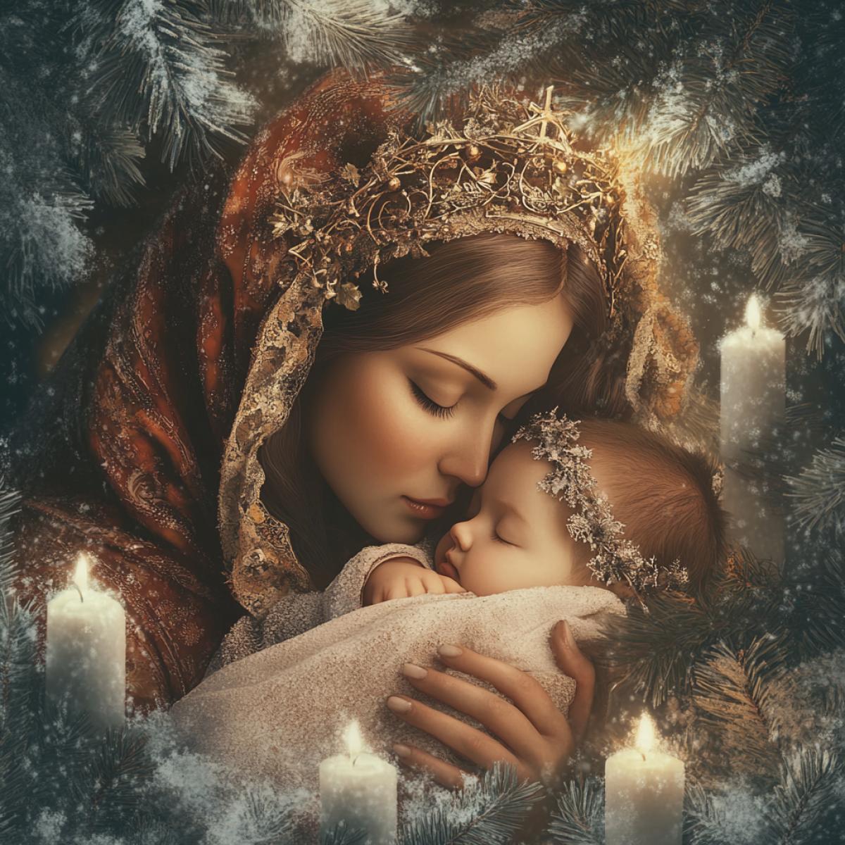 vintage. retro style. painted patterns. voluminous winter tale. birth of a savior. snow-covered fir trees, canopy, Mary holds the baby savior in her arms, on the savior’s head is a crown of thorns. close-up,. 3d image, beautiful faces. high detail. side view. white candles around. burgundy brown shades. night, dark, gloomy
