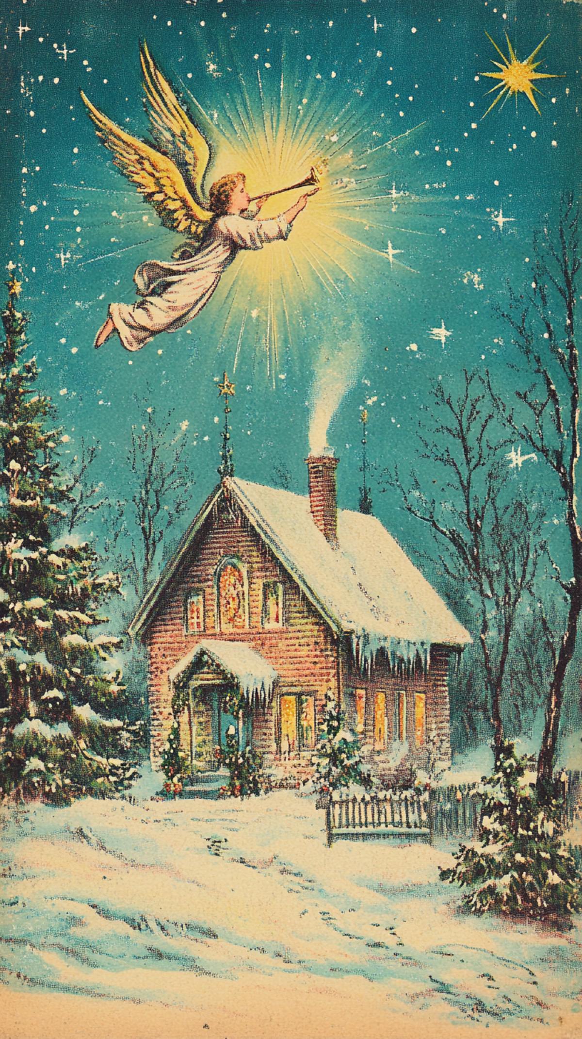 An old postcard from the 19th century, it depicts a village house, an angel is trumpeting in the sky above the house, a Christmas star in the sky, divine radiance has descended on the house, winter, Christmas holiday atmosphere