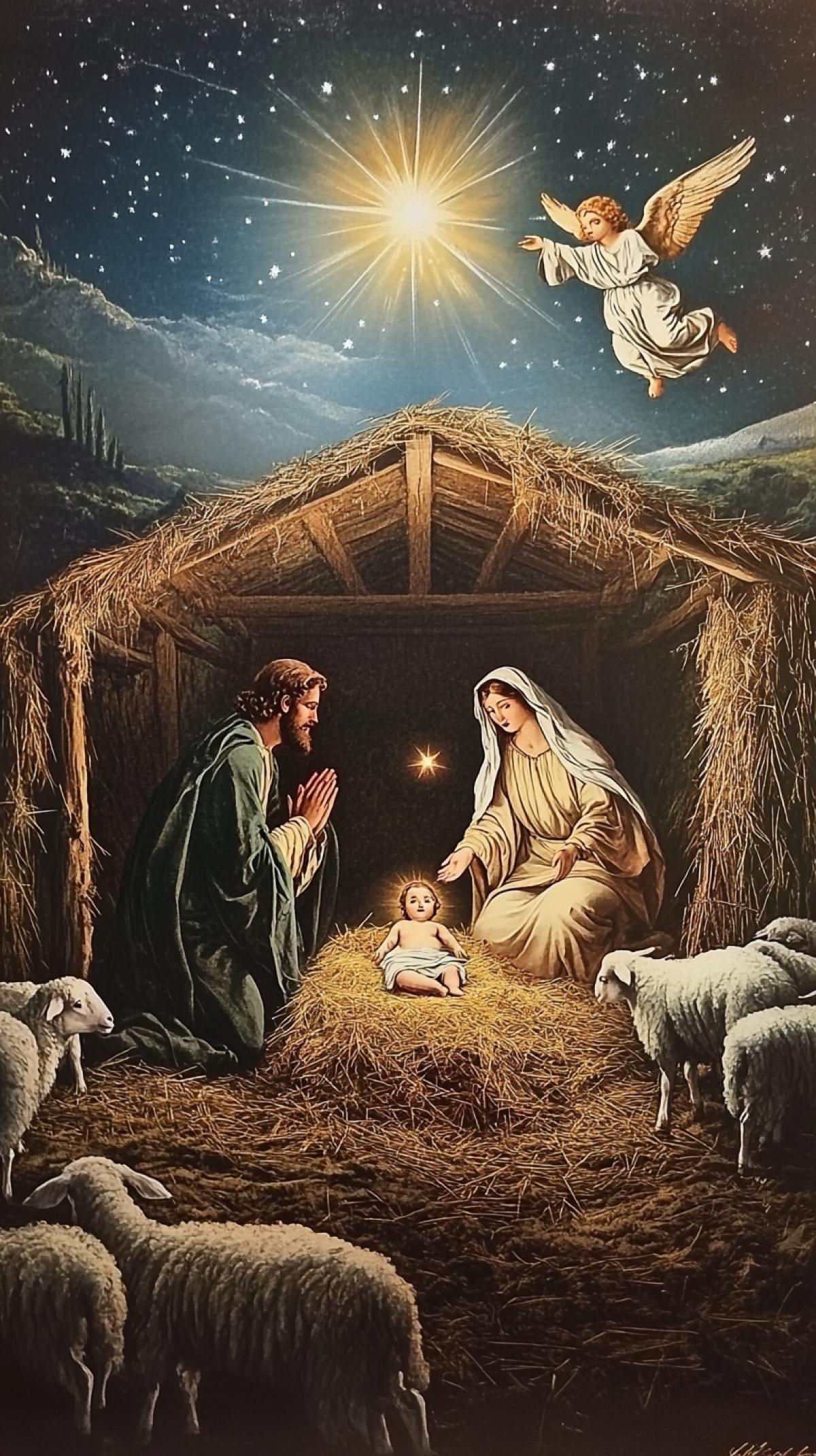 Vintage postcard 19th century, Nativity of Christ, Joseph and Mary in the stable, little Jesus, hay and white sheep around, a star in the sky above the stable, an angel trumpeting in the sky