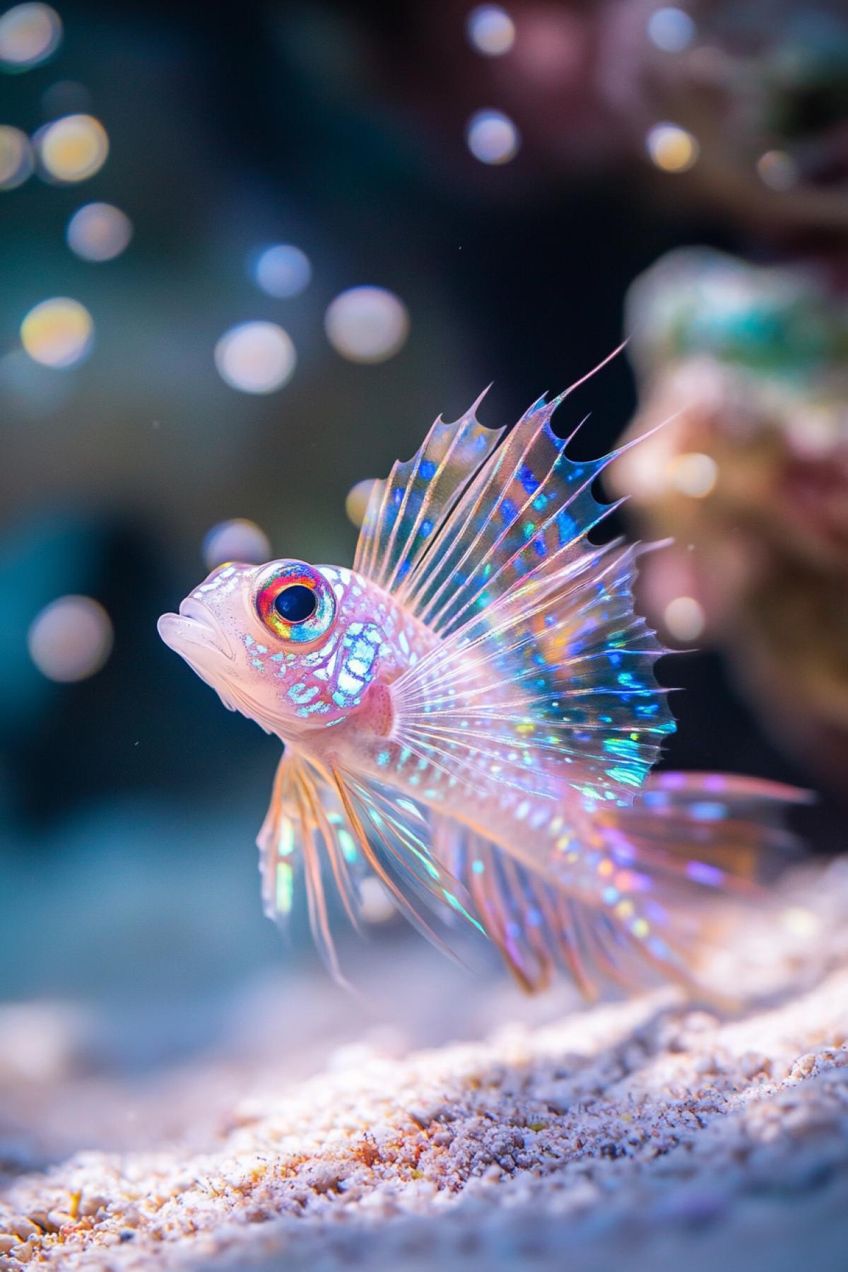 Miniature fish with a transparent , the internal structure resembles a stained glass window, multi-colored rays of light pass through the , small bubbles around, soft lighting, mid-ground with a sandy bottom, background a blurry underwater cave, cool shades, realistic textures, calm movement, a feeling of silence, gentle light transitions.