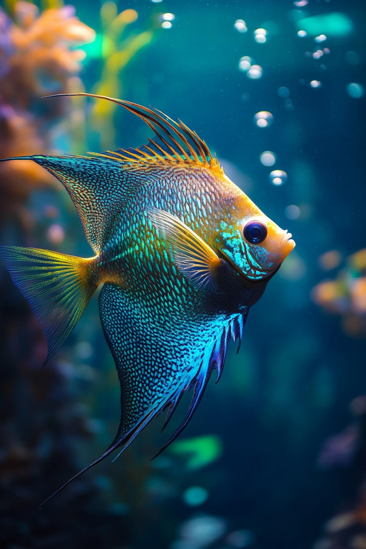 Exotic fish with fantastic shapes, long fins, mosaic-style patterns, shades of blue, green, purple, underwater environment, soft diffused light, bright corals in the background, algae in motion, depth effect, light reflections on the scales, an atmosphere of magic, shadows from bubbles, calm water, light haze.