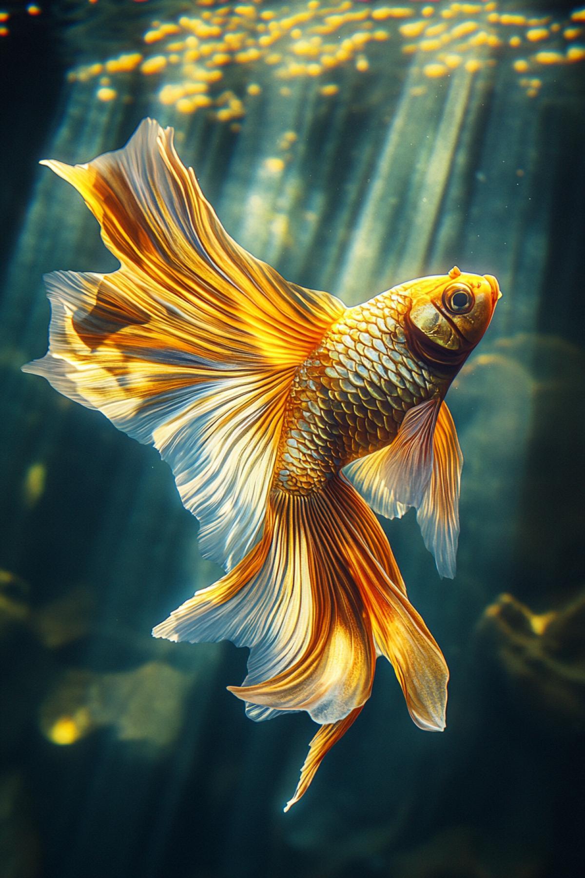Fish with elements of mythology, the shape resembles a dragon, scales of golden and silver shades, fins in the form of wings, bright patterns in the style of oriental ornaments, underwater glow, warm light from a mysterious source, background with silhouettes of rocks, light waves, a sense of fairy-tale reality, rich colors, dynamic movement of water.