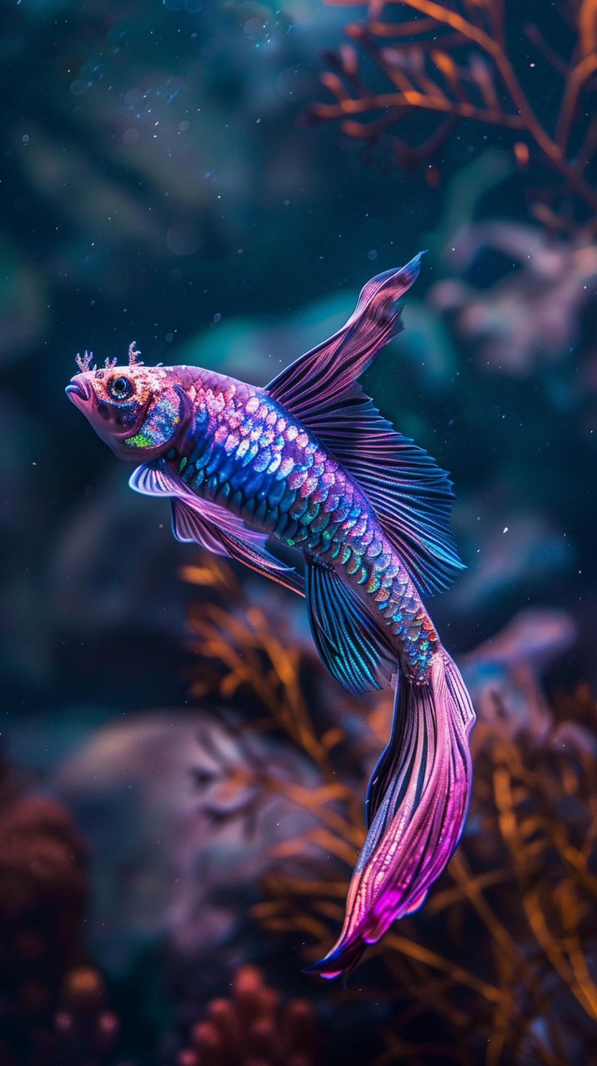 Dragon fish with iridescent scales, bright fins, long tail in clear sea water, beautiful algae, contour lighting, high quality photography